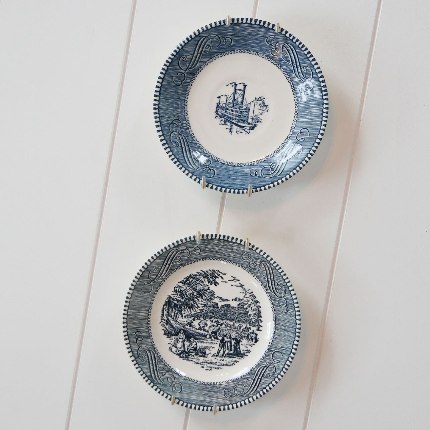 Currier and Ives Bread and Butter Plate Set & Hangers, Steamboat and Harvest, Vintage Currier and Ives Steamboat Plate, Vintage Currier and Ives Harvest Plate