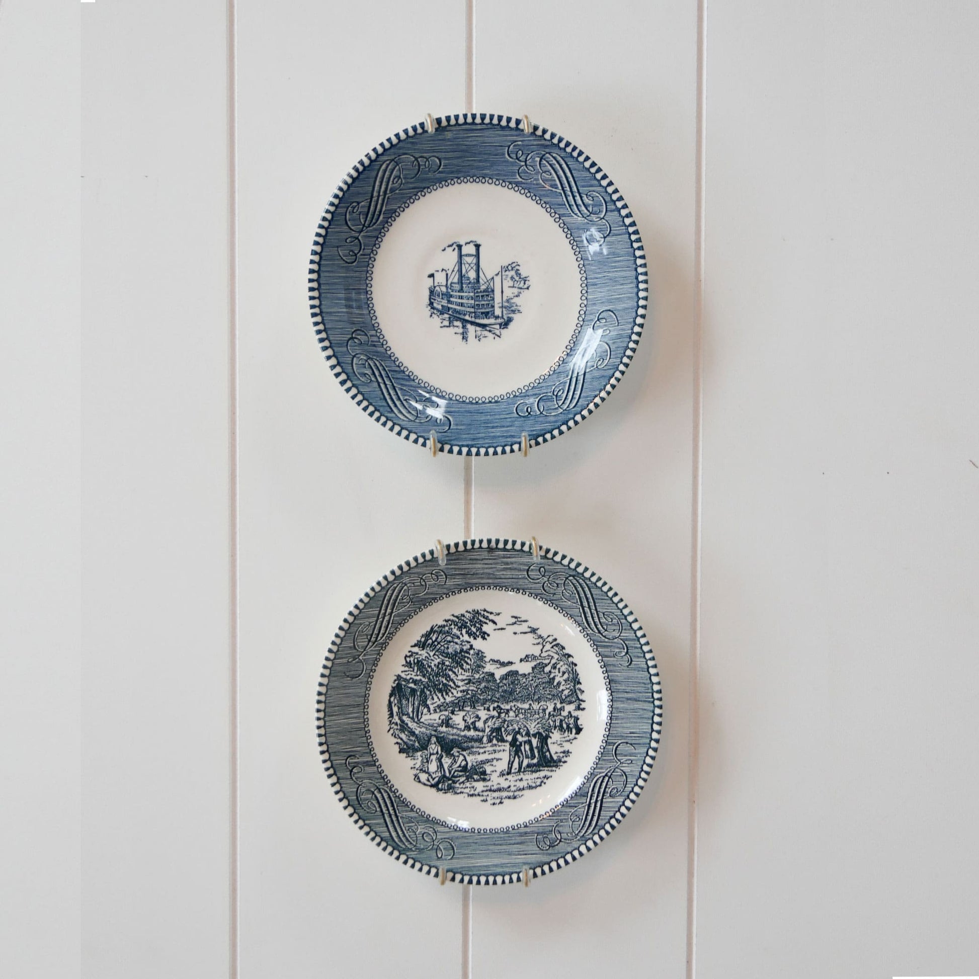 Currier and Ives Bread and Butter Plate Set & Hangers, Steamboat and Harvest, Vintage Currier and Ives Steamboat Plate, Vintage Currier and Ives Harvest Plate