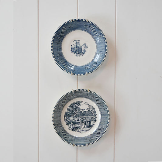 Currier and Ives Bread and Butter Plate Set & Hangers, Steamboat and Harvest, Vintage Currier and Ives Steamboat Plate, Vintage Currier and Ives Harvest Plate