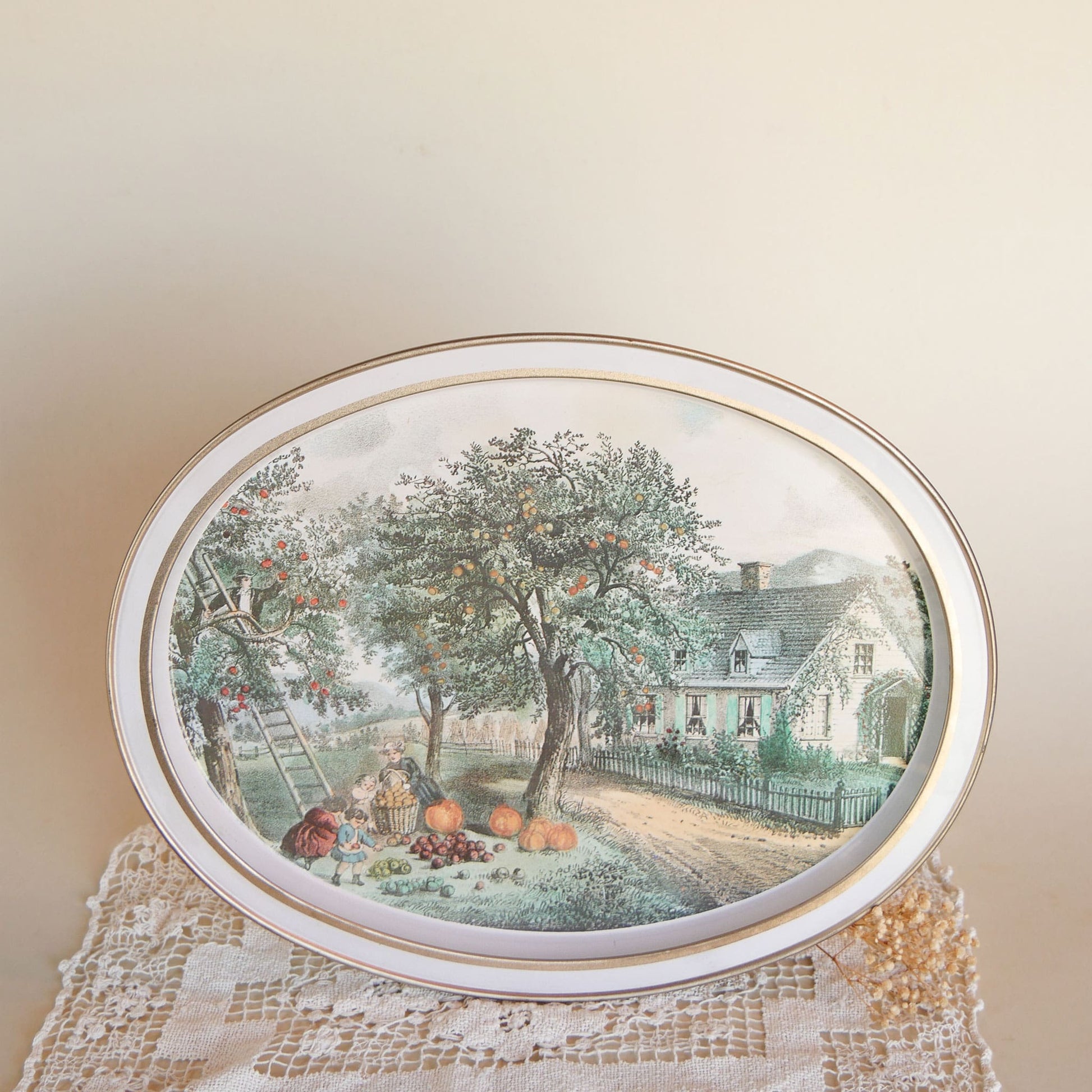 Vintage Currier & Ives 'The American Homestead, Autumn' Oval Metal Tray, Vintage Farmhouse Decor, Farmhouse Kitchen Decor, Currier and Ives Tray