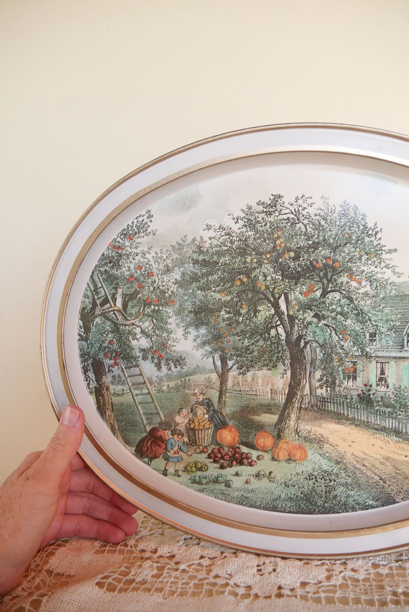Vintage Currier & Ives 'The American Homestead, Autumn' Oval Metal Tray, Vintage Farmhouse Decor, Farmhouse Kitchen Decor, Currier and Ives Tray