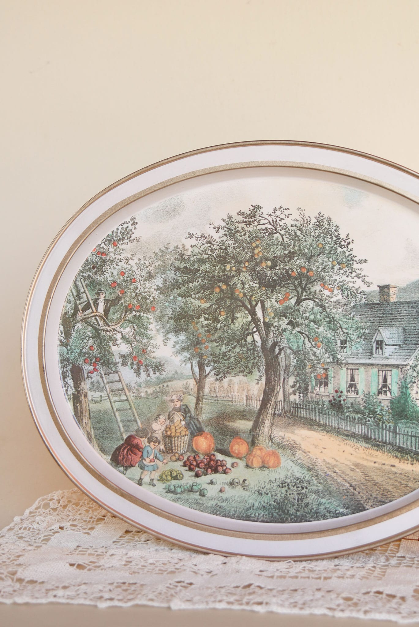 Vintage Currier & Ives 'The American Homestead, Autumn' Oval Metal Tray, Vintage Farmhouse Decor, Farmhouse Kitchen Decor, Currier and Ives Tray