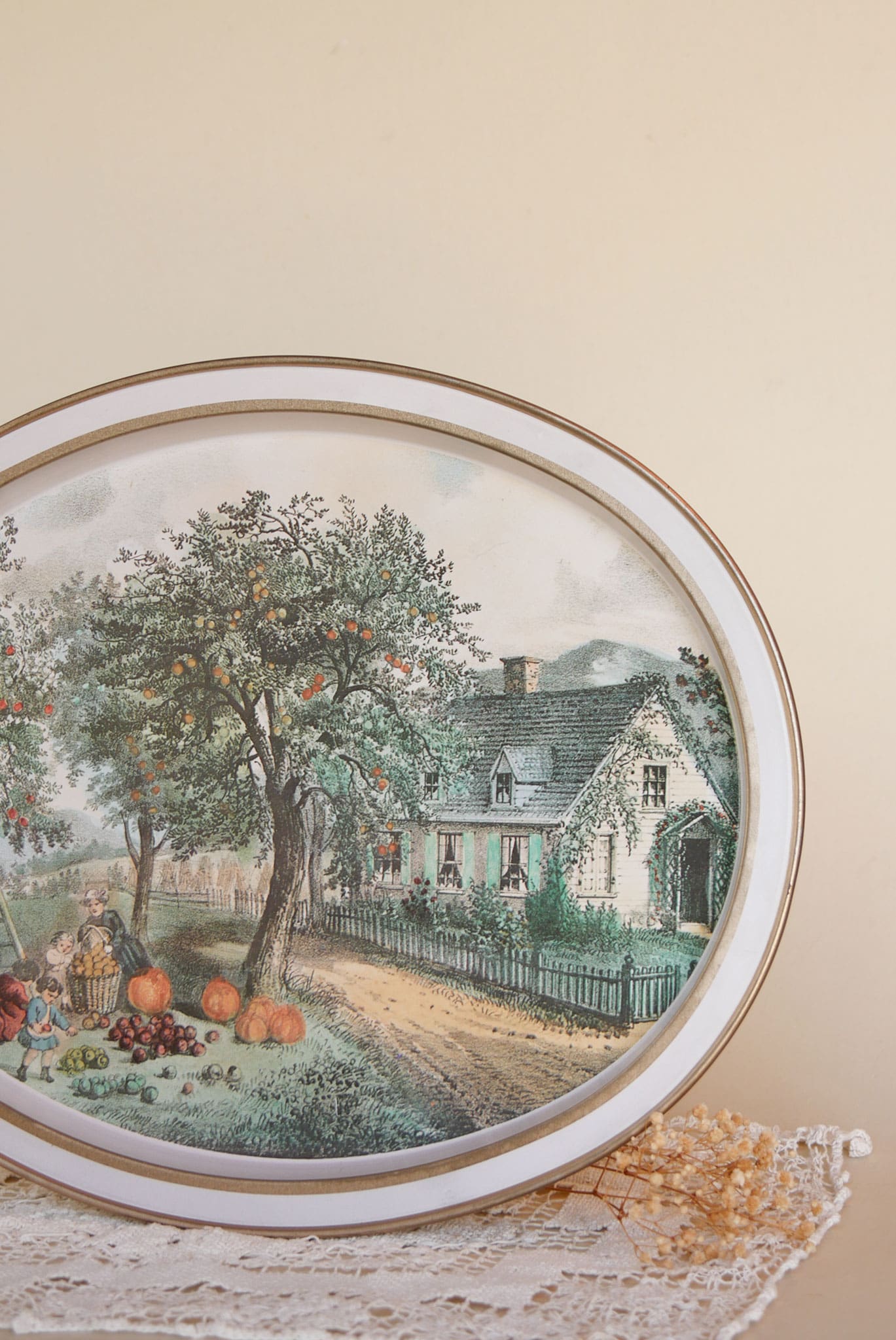 Vintage Currier & Ives 'The American Homestead, Autumn' Oval Metal Tray, Vintage Farmhouse Decor, Farmhouse Kitchen Decor, Currier and Ives Tray