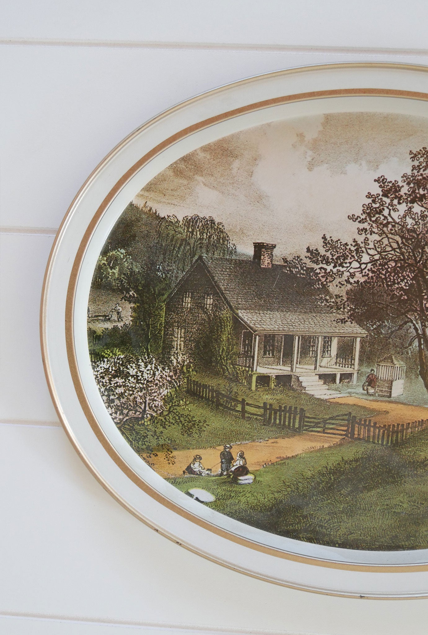 Vintage Currier & Ives 'The American Homestead - Spring Oval Metal Tray, Currier and Ives American Homestead Tray