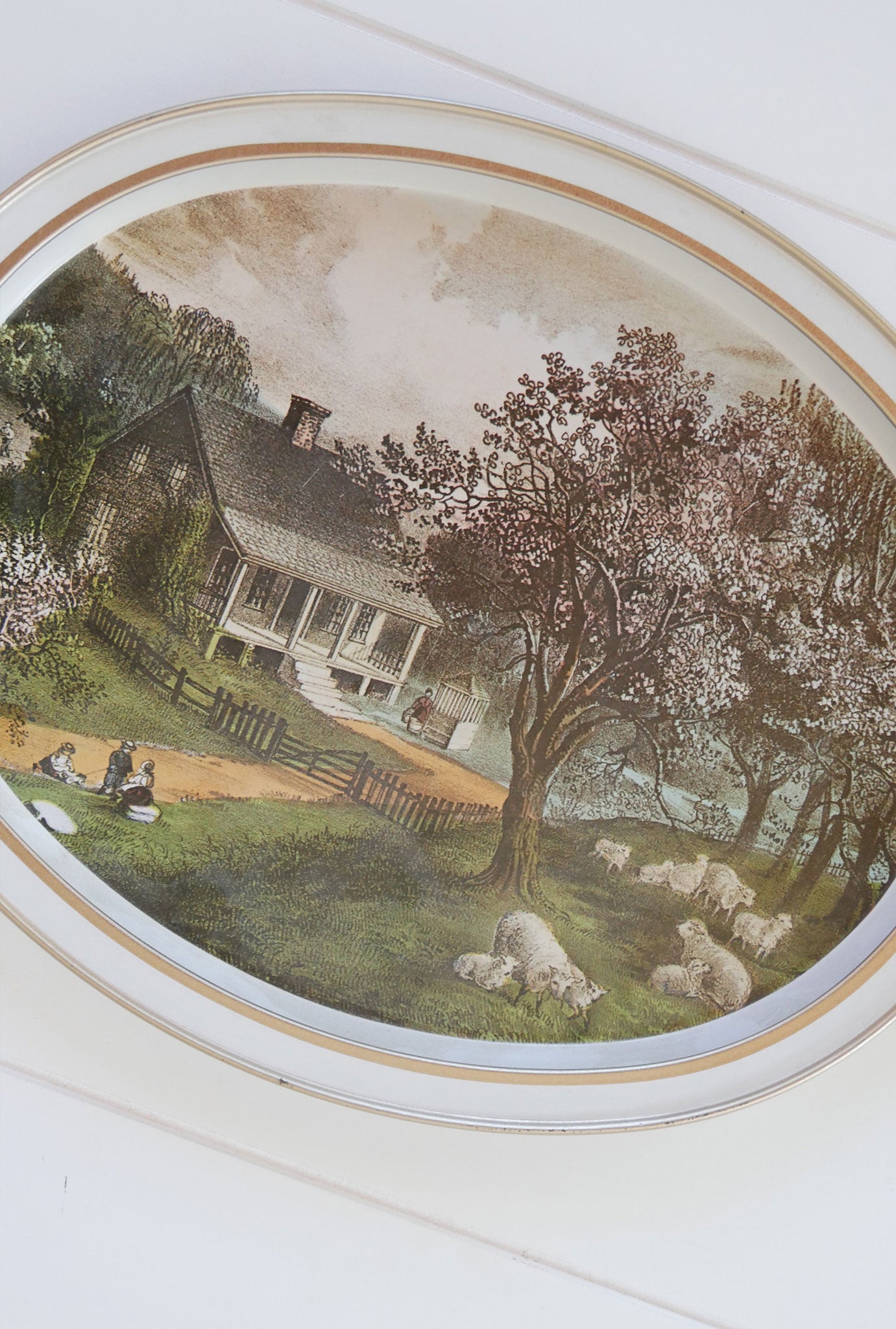 Vintage Currier & Ives 'The American Homestead - Spring Oval Metal Tray, Currier and Ives American Homestead Tray
