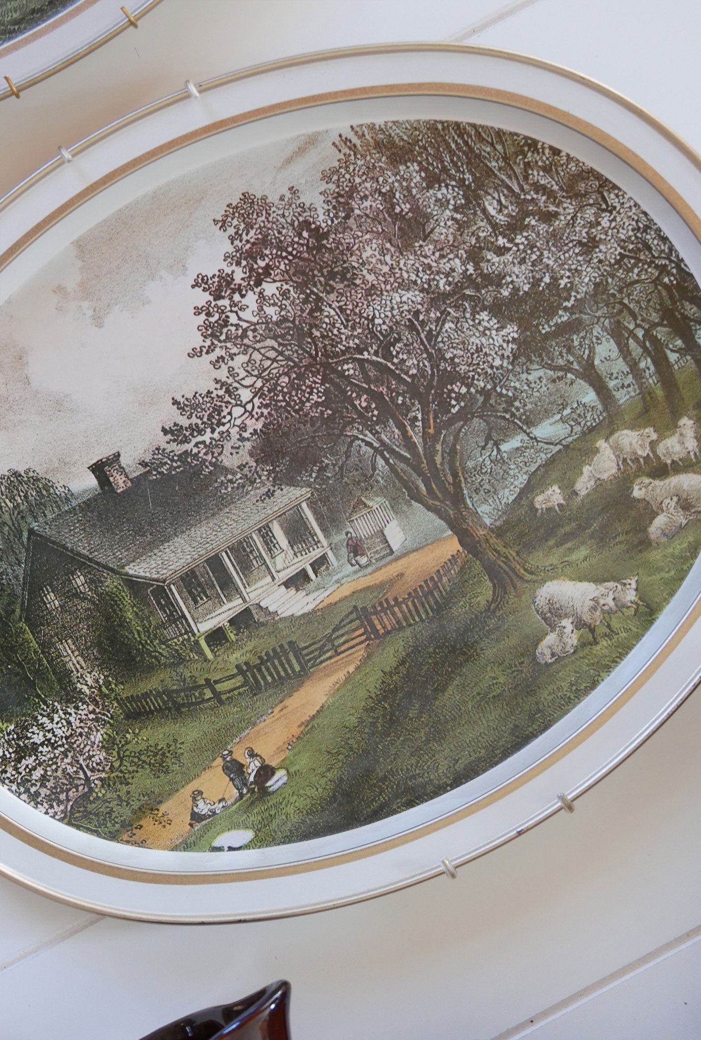 Vintage Currier & Ives 'The American Homestead - Spring Oval Metal Tray, Currier and Ives American Homestead Tray