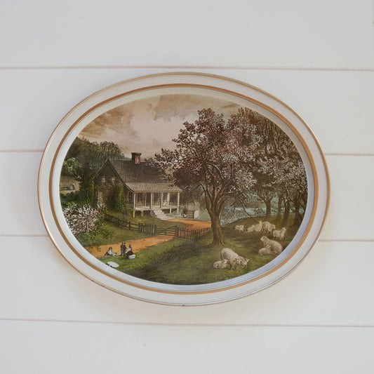 Vintage Currier & Ives 'The American Homestead - Spring Oval Metal Tray, Currier and Ives American Homestead Tray