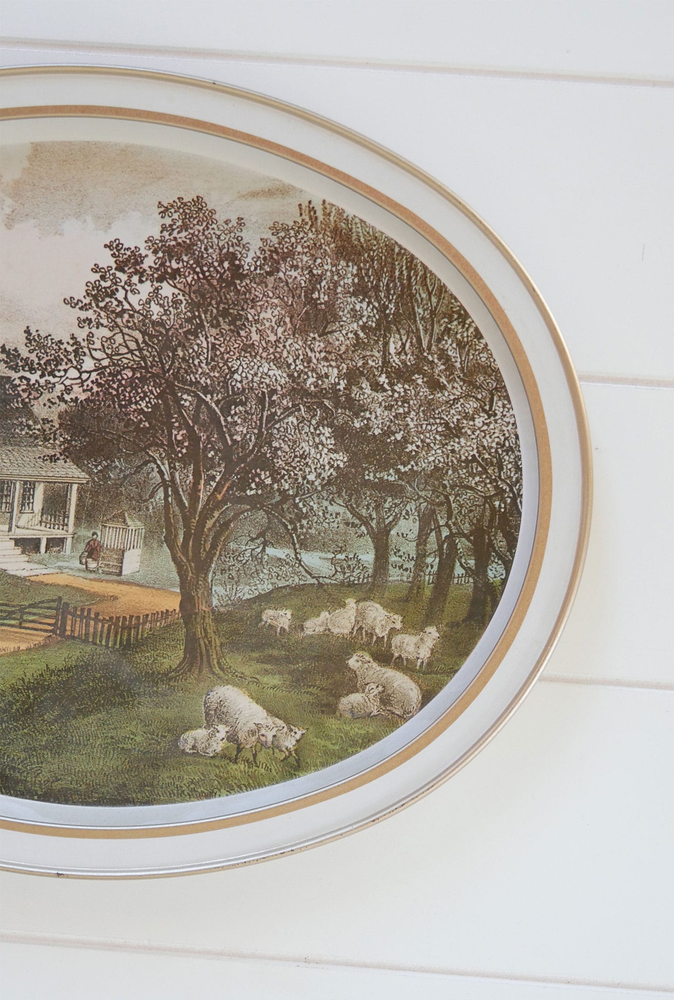 Vintage Currier & Ives 'The American Homestead - Spring Oval Metal Tray, Currier and Ives American Homestead Tray