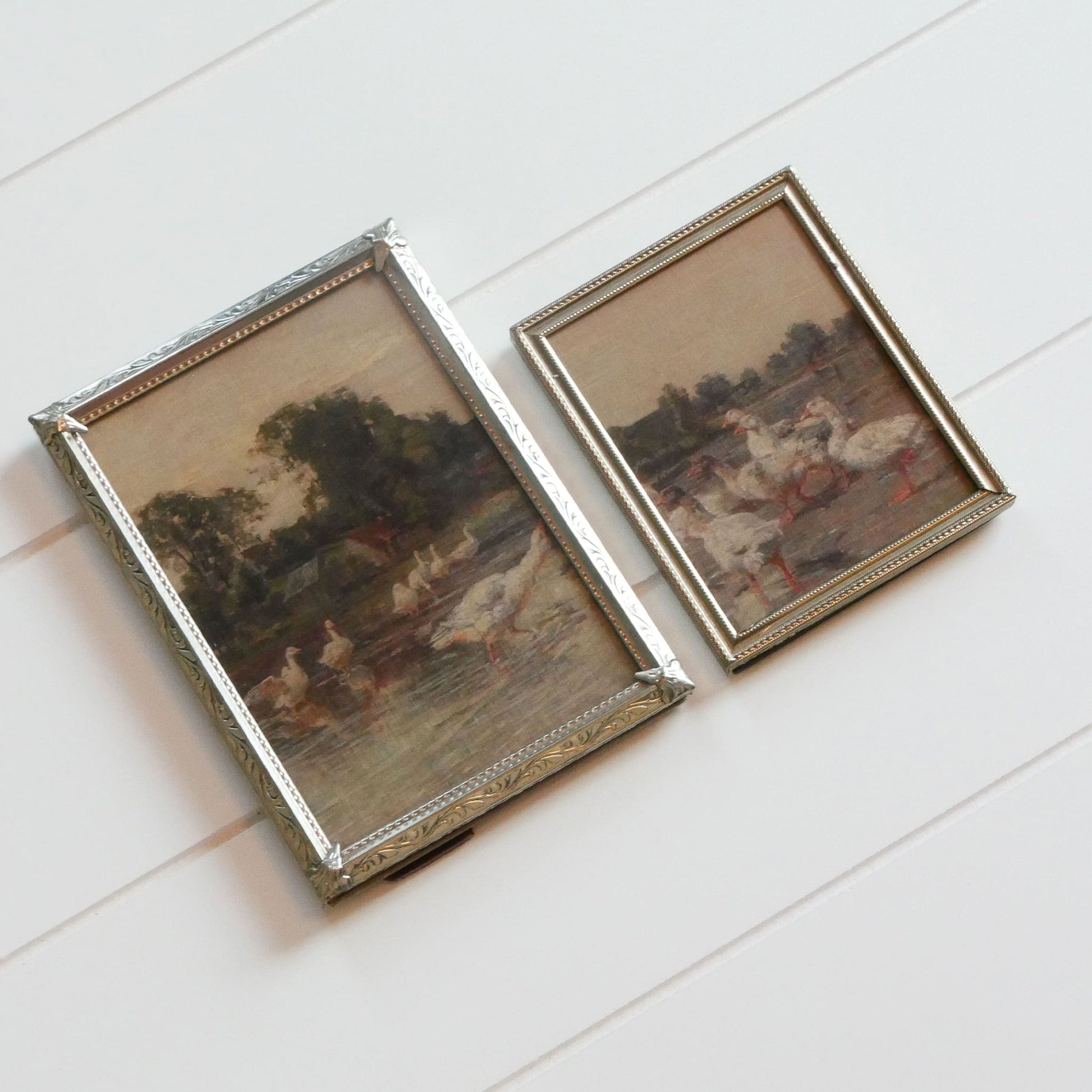 Pair of Metal Vintage Frames with 'Flock of Geese' Print (2ct.), Country Art Prints, Pair of Vintage Countryside Geede Prints