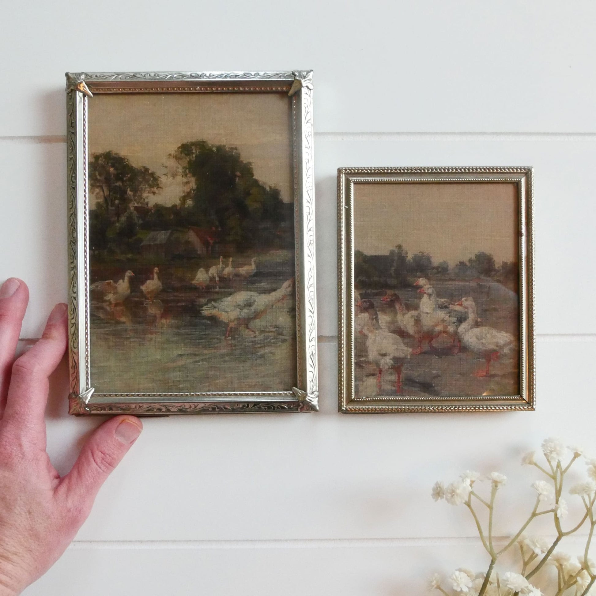 Pair of Metal Vintage Frames with 'Flock of Geese' Print (2ct.), Country Art Prints, Pair of Vintage Countryside Geede Prints