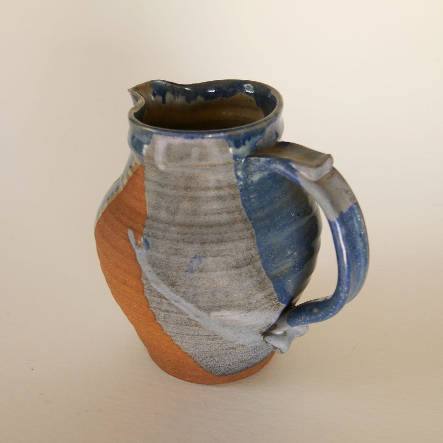Handmade Blue & Earth-Tone Pottery Pitcher, Nautical Pottery, Coastal Pottery Pitcher, VIntage Blue and Grey Pottery, Vintage Blue Pottery, Vintage Nautical Pottery Decor
