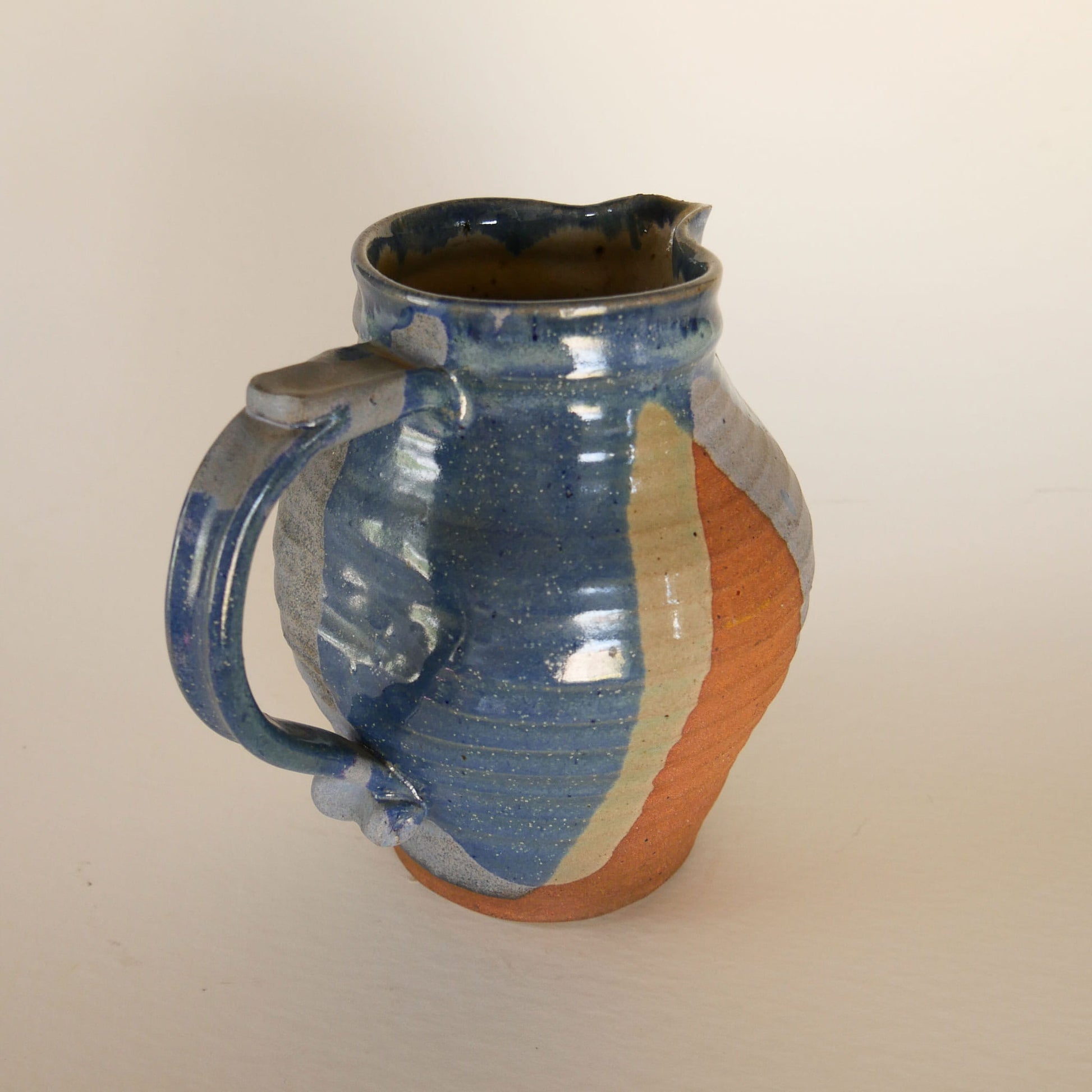 Handmade Blue & Earth-Tone Pottery Pitcher, Nautical Pottery, Coastal Pottery Pitcher, VIntage Blue and Grey Pottery, Vintage Blue Pottery, Vintage Nautical Pottery Decor