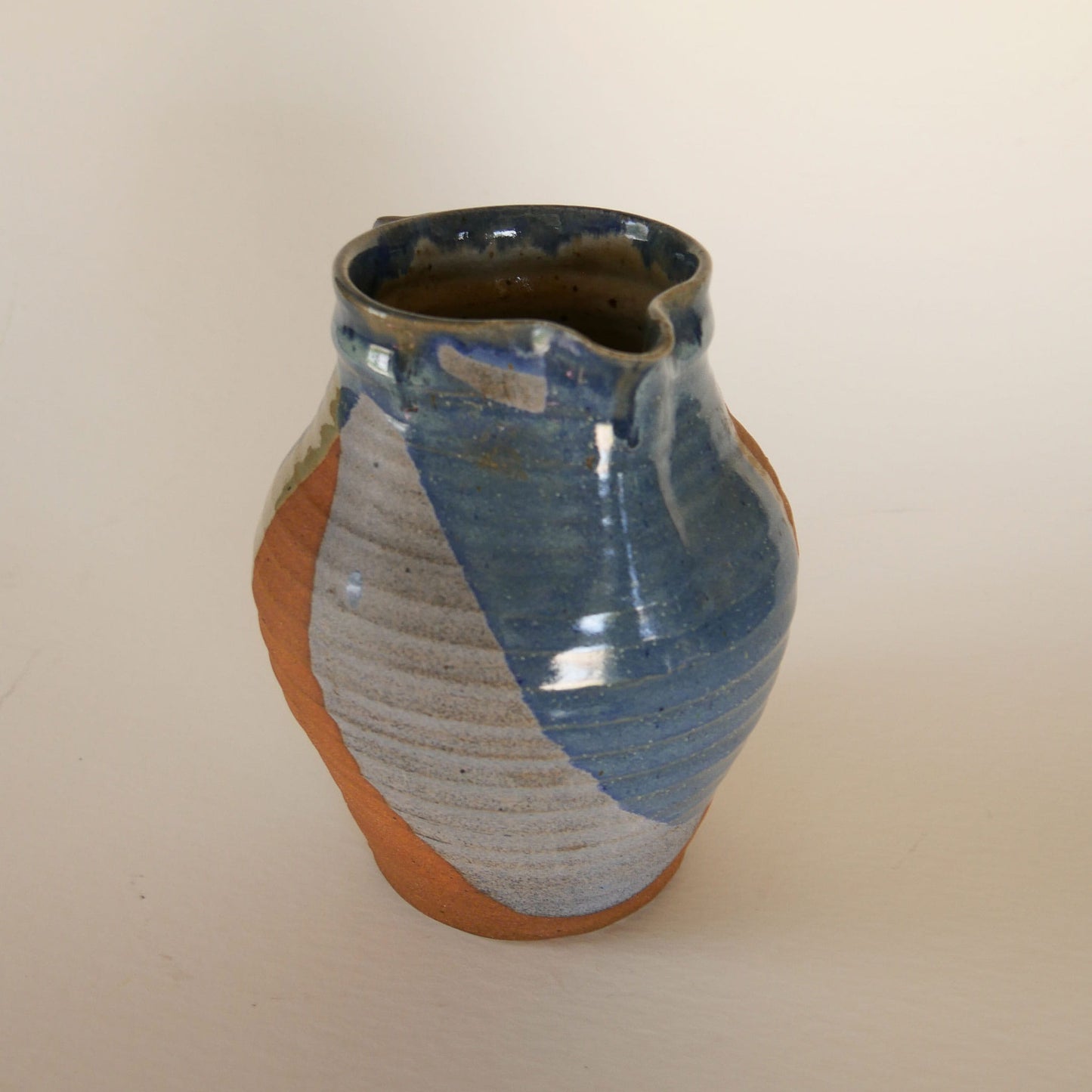 Handmade Blue & Earth-Tone Pottery Pitcher, Nautical Pottery, Coastal Pottery Pitcher, VIntage Blue and Grey Pottery, Vintage Blue Pottery, Vintage Nautical Pottery Decor