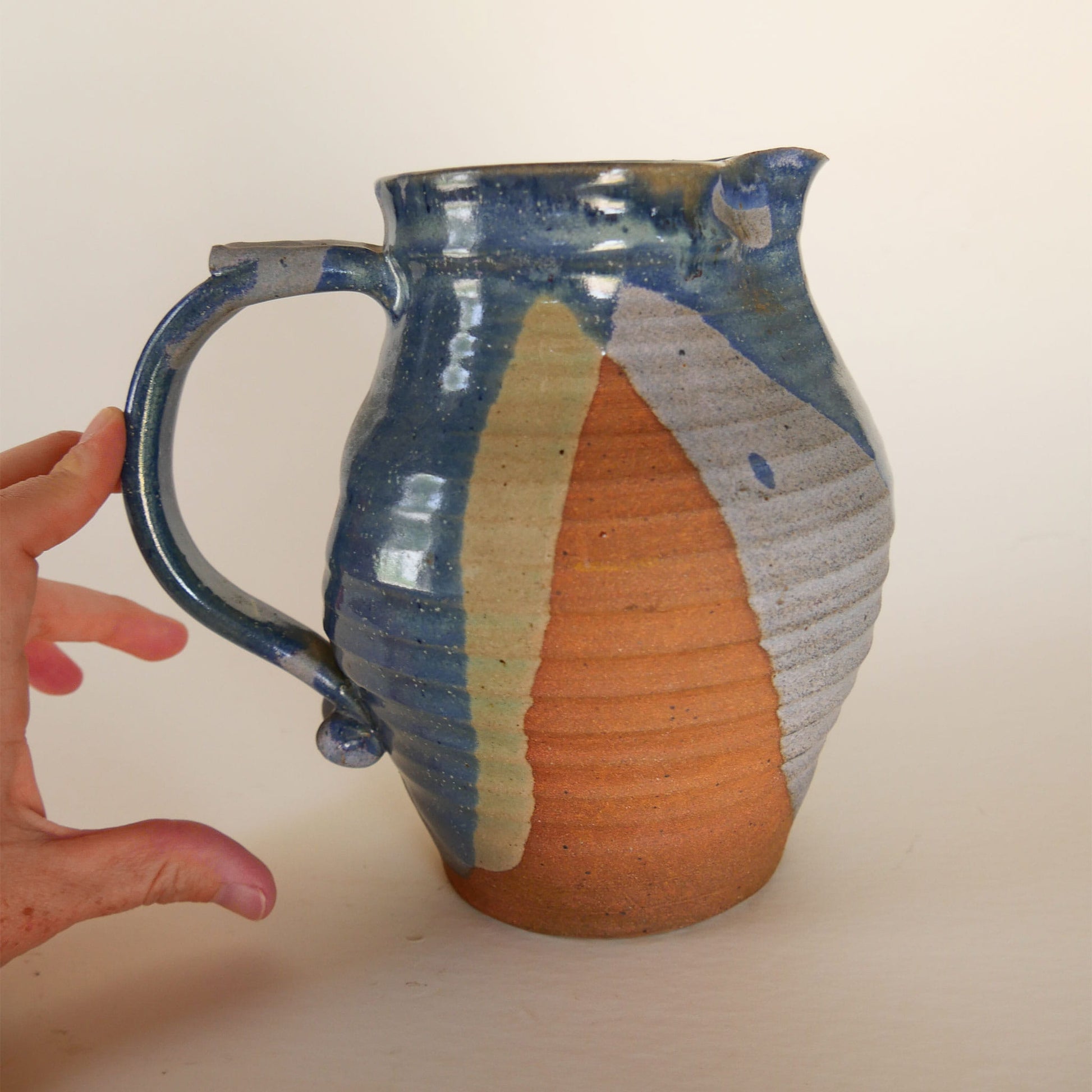 Handmade Blue & Earth-Tone Pottery Pitcher, Nautical Pottery, Coastal Pottery Pitcher, VIntage Blue and Grey Pottery, Vintage Blue Pottery, Vintage Nautical Pottery Decor