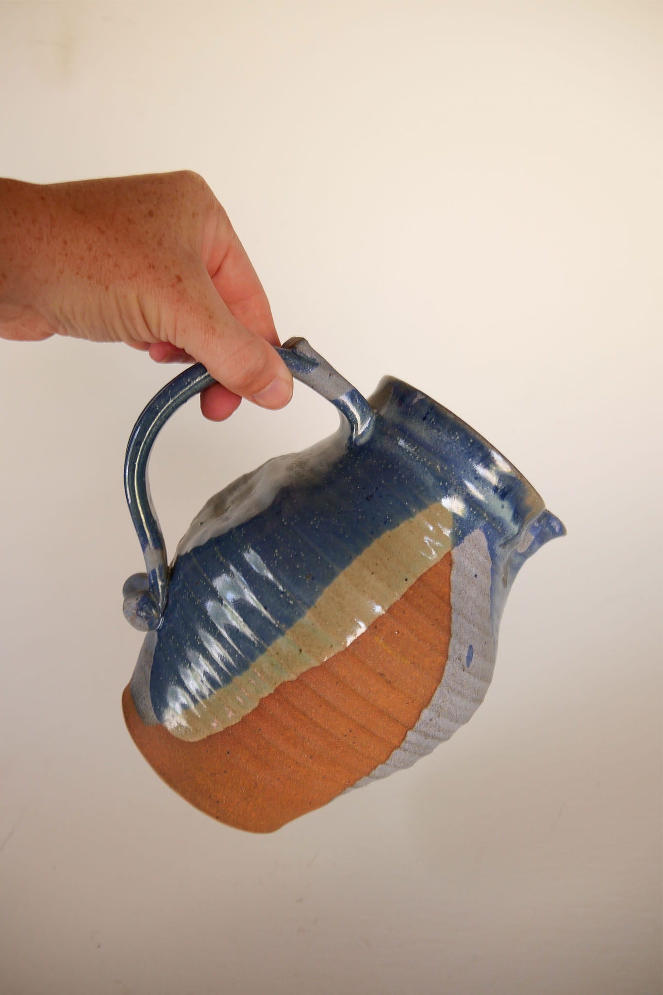 Handmade Blue & Earth-Tone Pottery Pitcher, Nautical Pottery, Coastal Pottery Pitcher, VIntage Blue and Grey Pottery, Vintage Blue Pottery, Vintage Nautical Pottery Decor