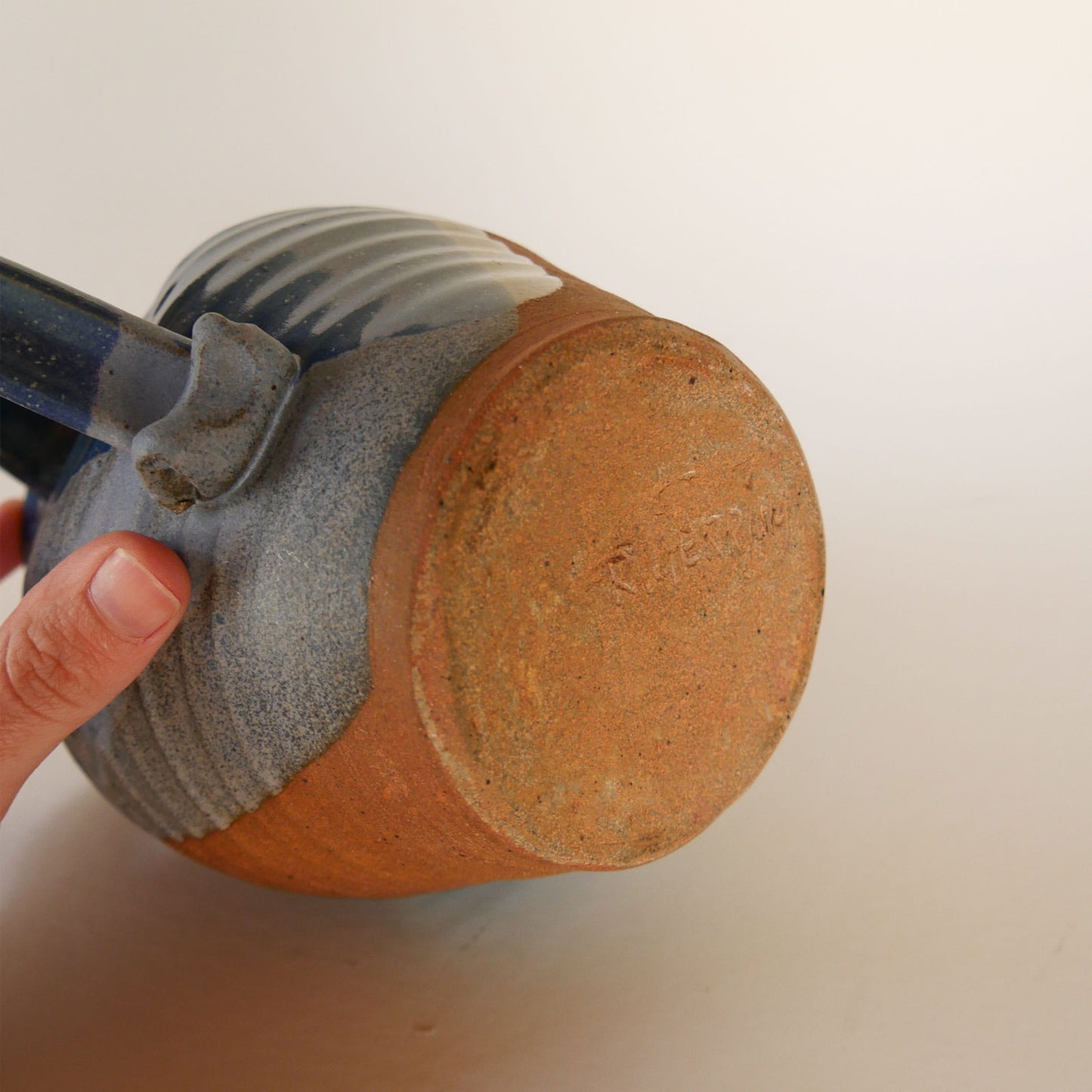 Handmade Blue & Earth-Tone Pottery Pitcher, Nautical Pottery, Coastal Pottery Pitcher, VIntage Blue and Grey Pottery, Vintage Blue Pottery, Vintage Nautical Pottery Decor
