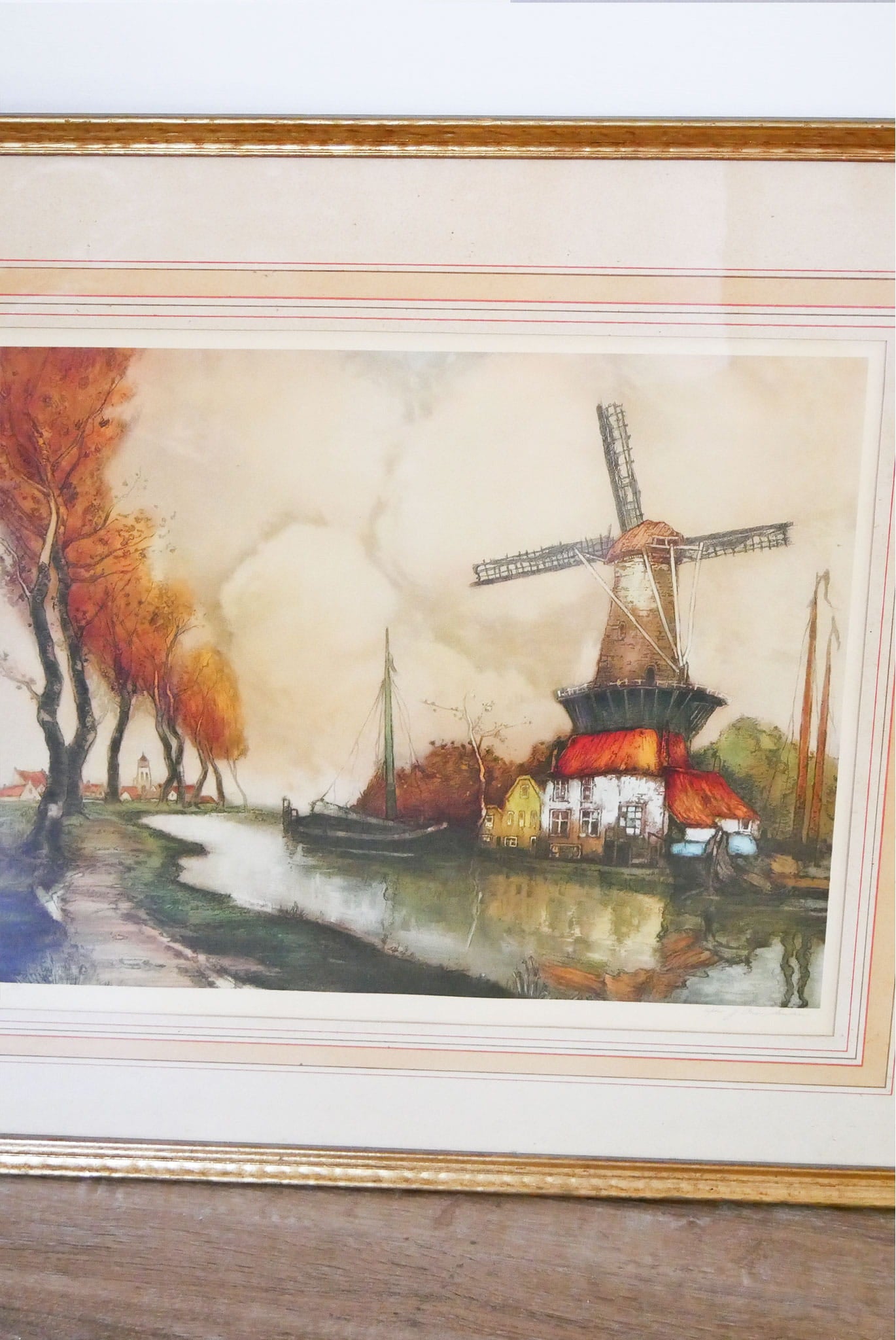 Large Gold Framed River in Flanders Print, Dutch Windmill Artwork by Julien Van Santen, Vintage Dutch Windmill Landscape Print, Vintage Cottage Artwork, Vintage Cottagecore Artwork, Vintage Framed Windmill Print