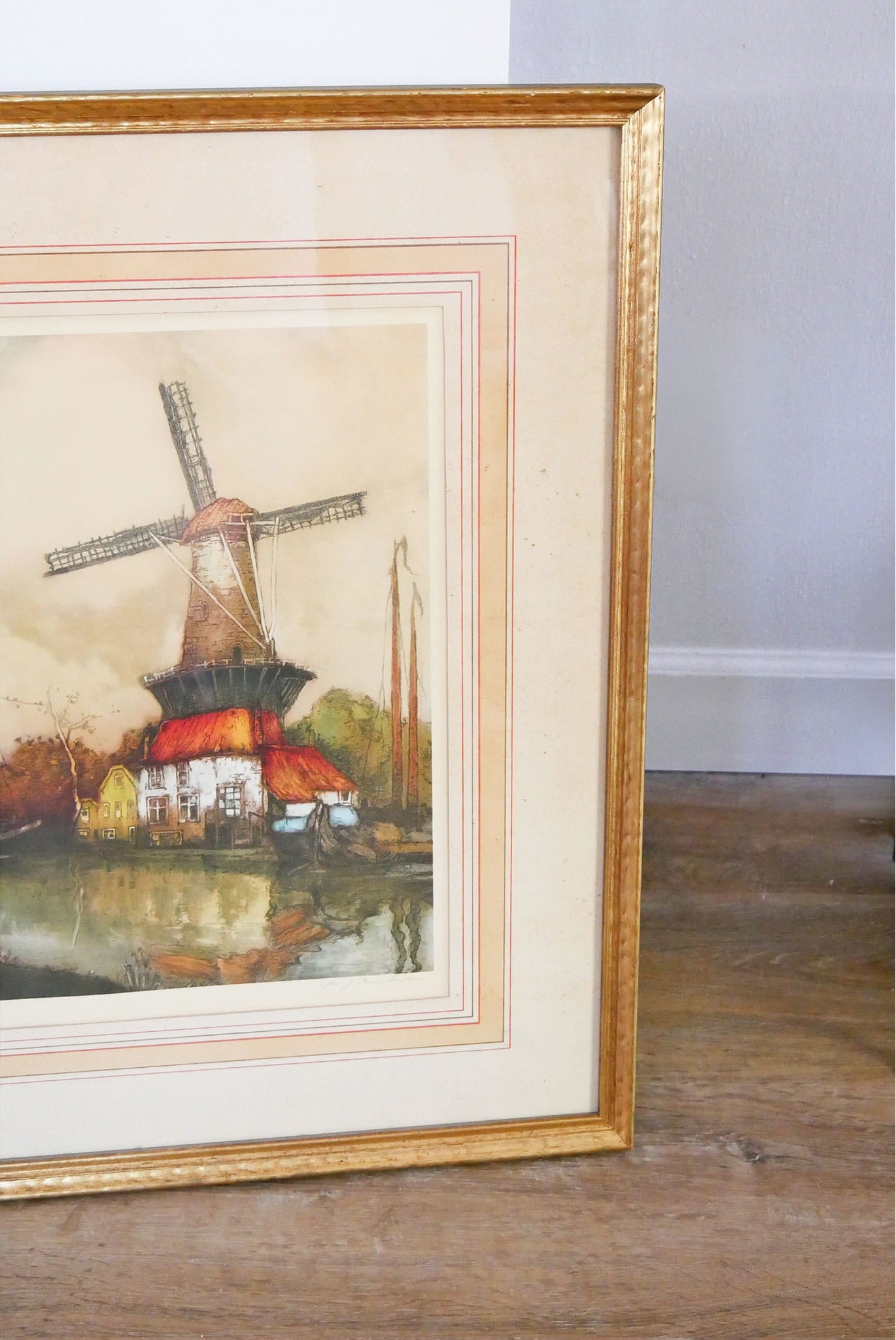 Large Gold Framed River in Flanders Print, Dutch Windmill Artwork by Julien Van Santen, Vintage Dutch Windmill Landscape Print, Vintage Cottage Artwork, Vintage Cottagecore Artwork, Vintage Framed Windmill Print