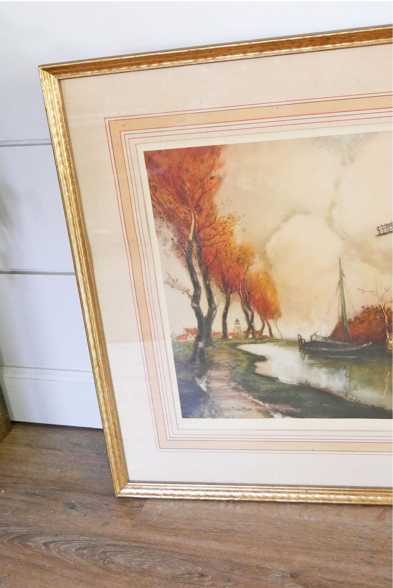 Large Gold Framed River in Flanders Print, Dutch Windmill Artwork by Julien Van Santen, Vintage Dutch Windmill Landscape Print, Vintage Cottage Artwork, Vintage Cottagecore Artwork, Vintage Framed Windmill Print