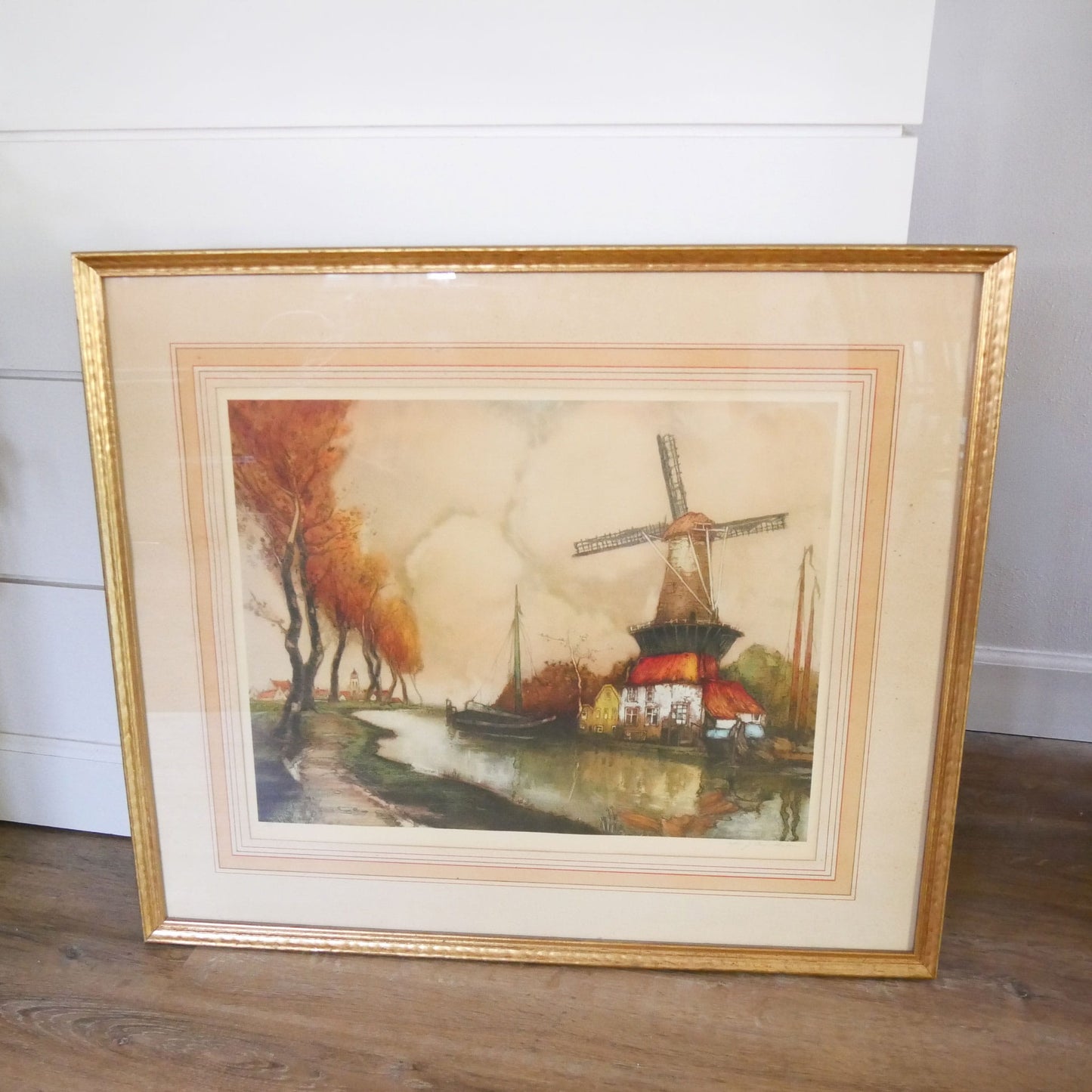 Large Gold Framed River in Flanders Print, Dutch Windmill Artwork by Julien Van Santen, Vintage Dutch Windmill Landscape Print, Vintage Cottage Artwork, Vintage Cottagecore Artwork, Vintage Framed Windmill Print
