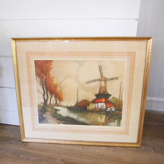 Large Gold Framed River in Flanders Print, Dutch Windmill Artwork by Julien Van Santen, Vintage Dutch Windmill Landscape Print, Vintage Cottage Artwork, Vintage Cottagecore Artwork, Vintage Framed Windmill Print