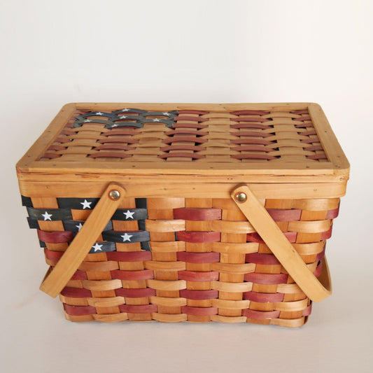 Large American Flag Picnic Basket, American Flag Basket, Vintage Fourth of July Basket, Vintage American Flag Picnic Basket