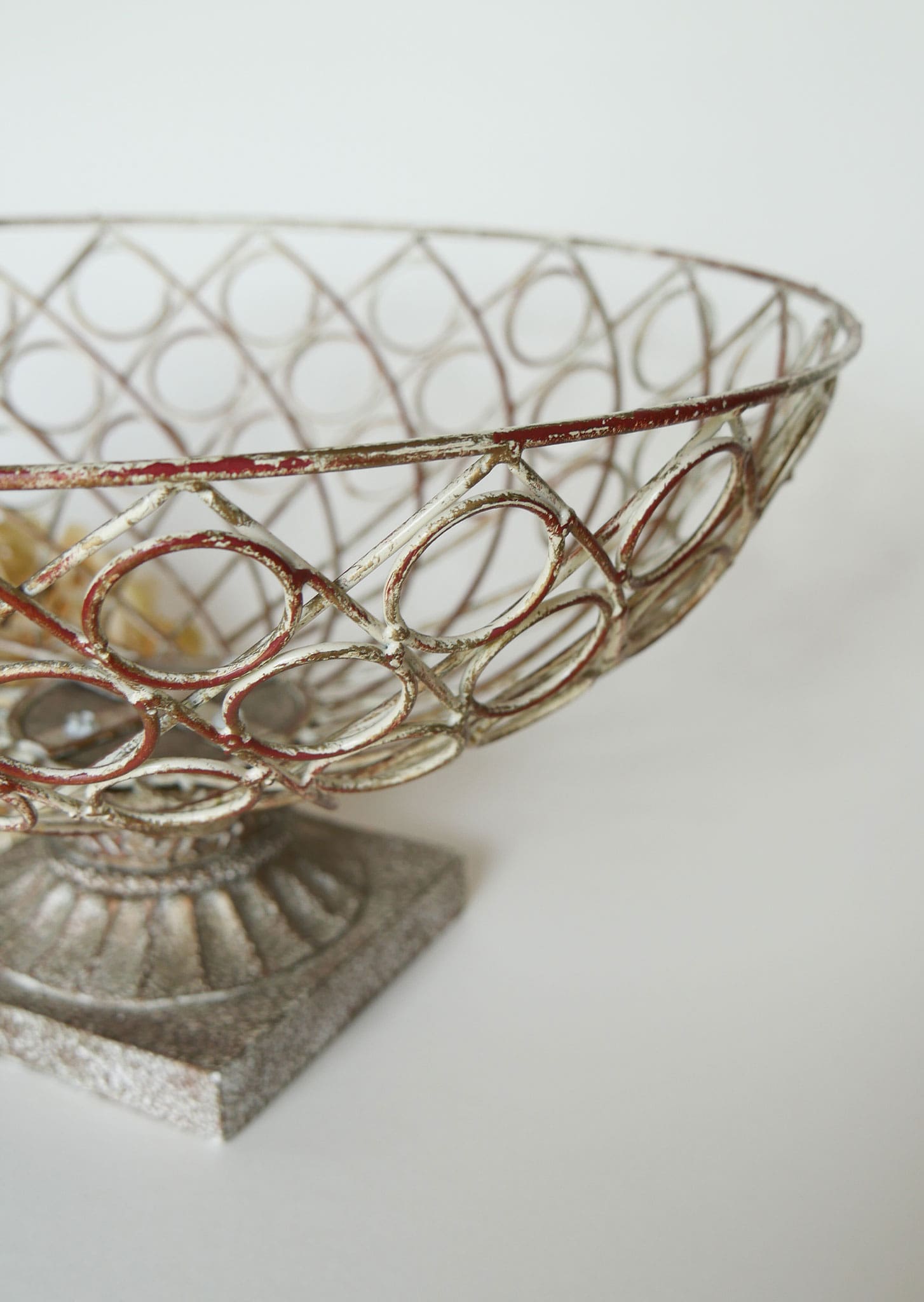 Large Chippy White Metal Pedestal Basket Vintage Shappy Chic Fruit Bowl, Vintage Fruit Bowl, Vintage Chippy White Metal Basket Vintage Farmhouse Decor