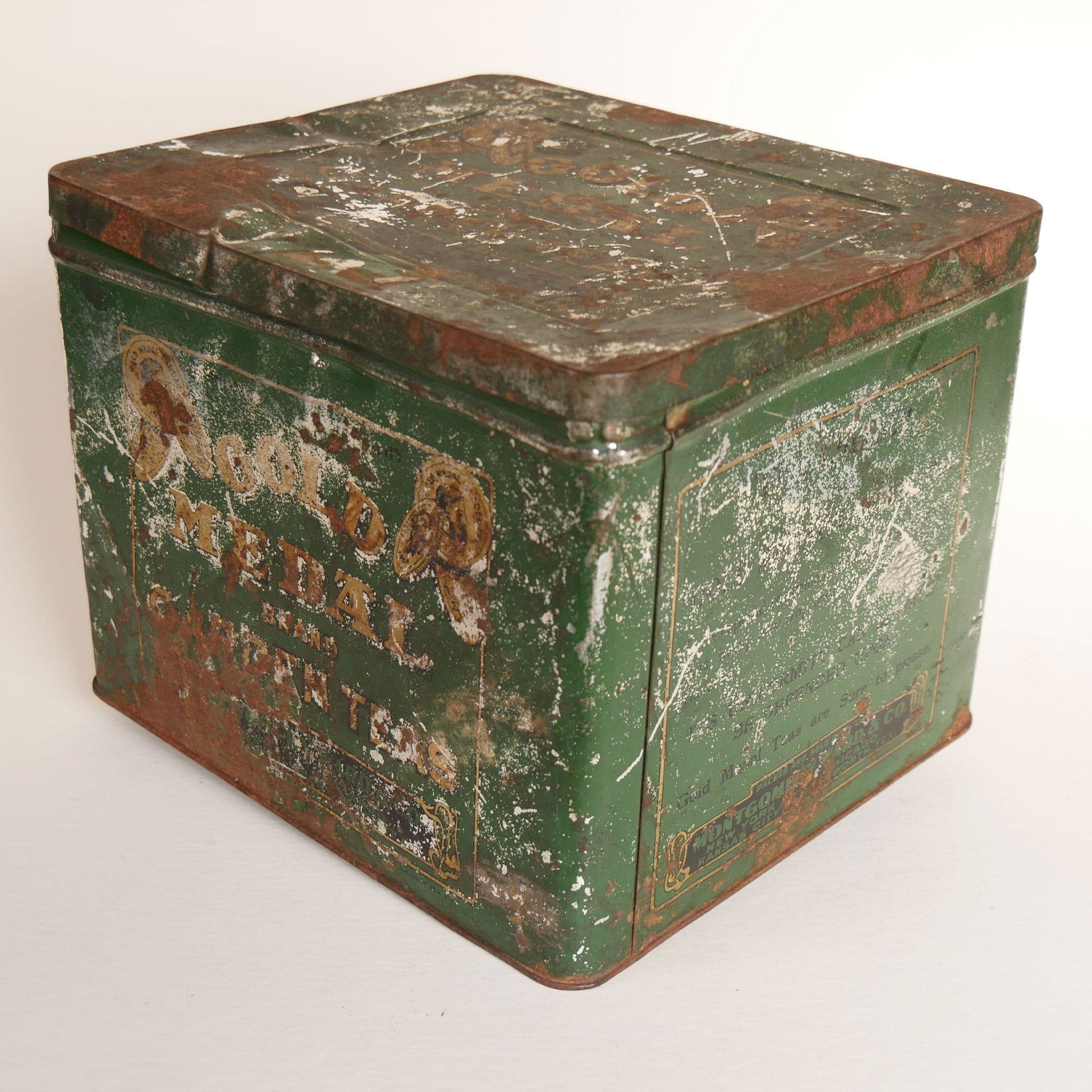 Large Vintage Gold Metal Garden Teas Green Tin, Vintage TEa Tins, Vintage Green Tins, LArge Rustic Green Tin Boxes, Vintage Tins, Primitive Green Tea Tins, Vintage Home Decor
