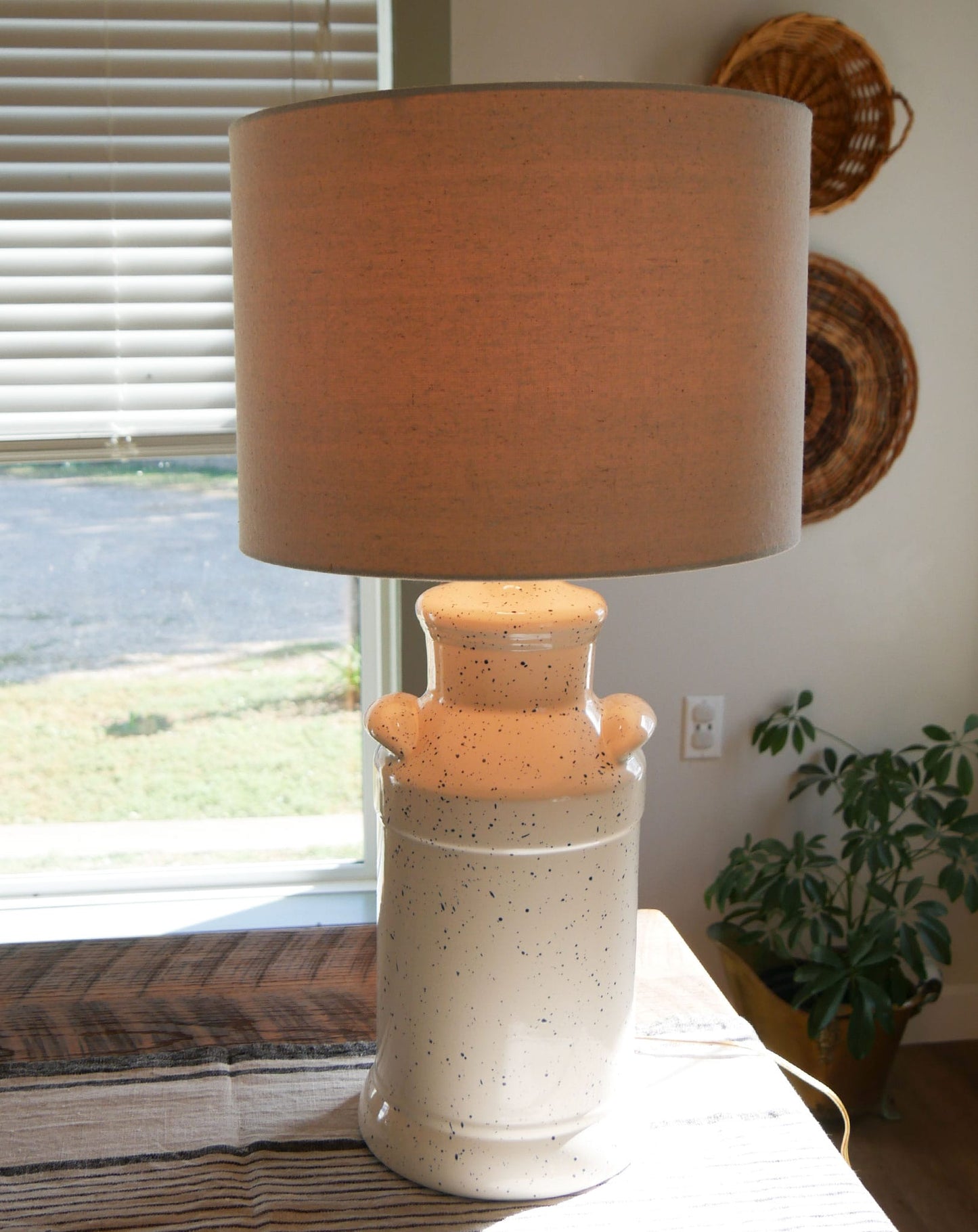 White and Blue Speckled Milk Can Lamp, Milk Can Lamp, Farmhouse Lamp, Vintage Farmhouse Lighting, Vintage Milk Can Lamp