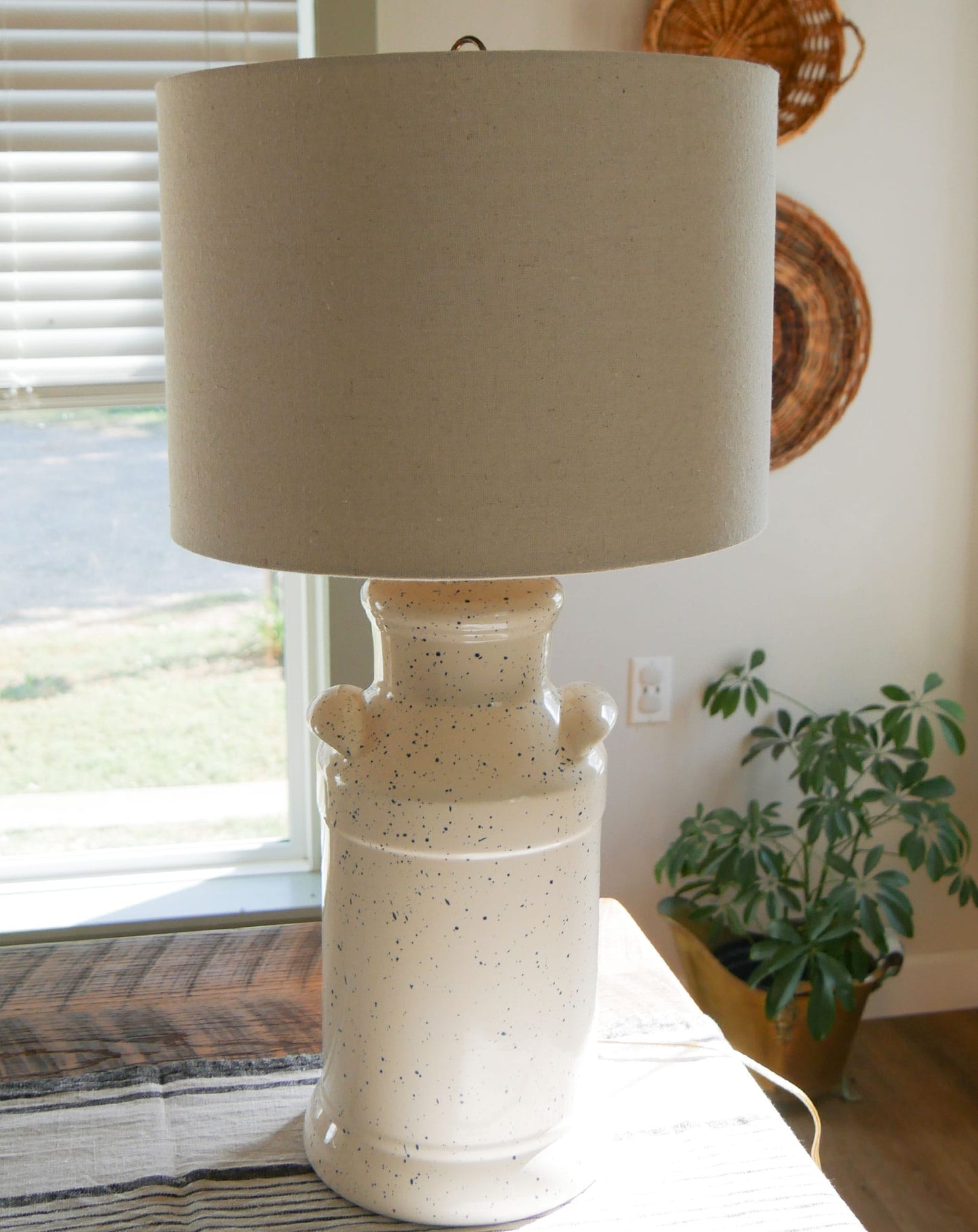 White and Blue Speckled Milk Can Lamp, Milk Can Lamp, Farmhouse Lamp, Vintage Farmhouse Lighting, Vintage Milk Can Lamp