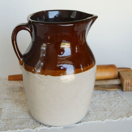 Large Vintage Two-Tone Pottery Stoneware Pitcher, Roseville Pitcher Made in USA Vintage Farmhouse Pottery Pitcher, Vintage Farmhouse Stoneware 