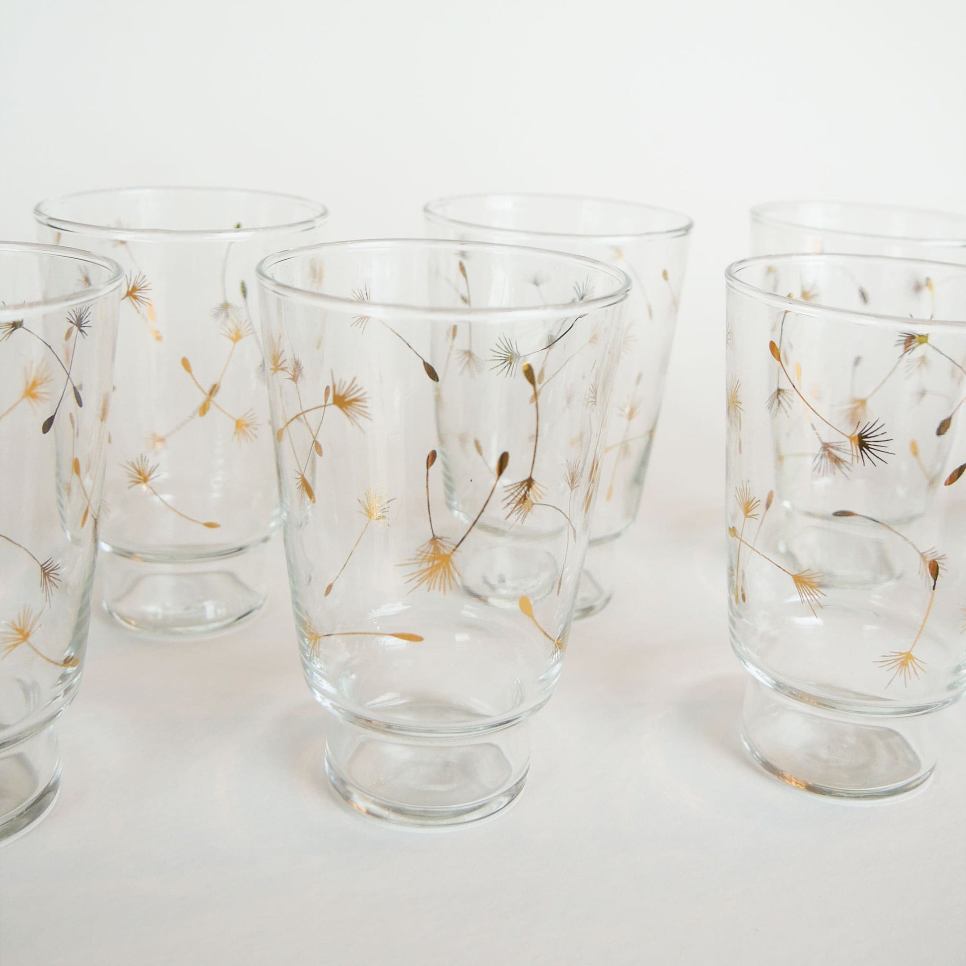 1960s MCM Libbey Windblown Gold Dandelion Seed Pedestal Glassware Set, 8 10oz Glasses 1 4oz Tumbler Vintage MCM Glassware Vintage Midecentury Modern Glassware