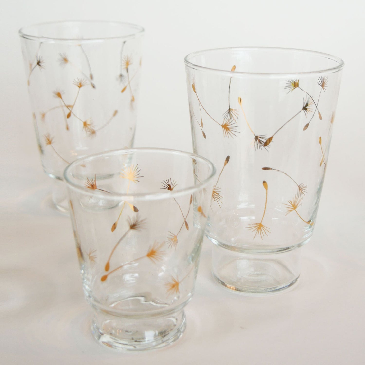 1960s MCM Libbey Windblown Gold Dandelion Seed Pedestal Glassware Set, 8 10oz Glasses 1 4oz Tumbler Vintage MCM Glassware Vintage Midecentury Modern Glassware