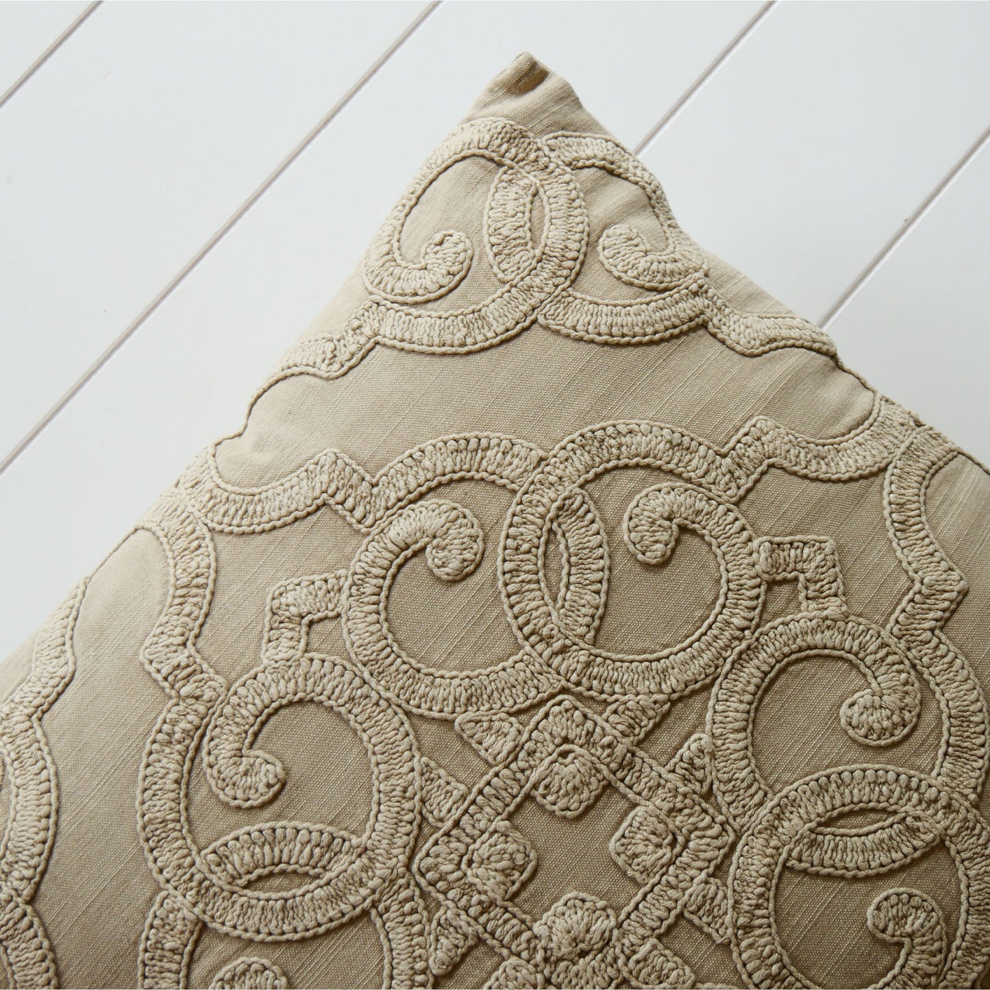 Flax Beige Embroidered Pillow & Cover, Beige Embroidered Throw Pillow, Beige Embroidered Accent Pillow