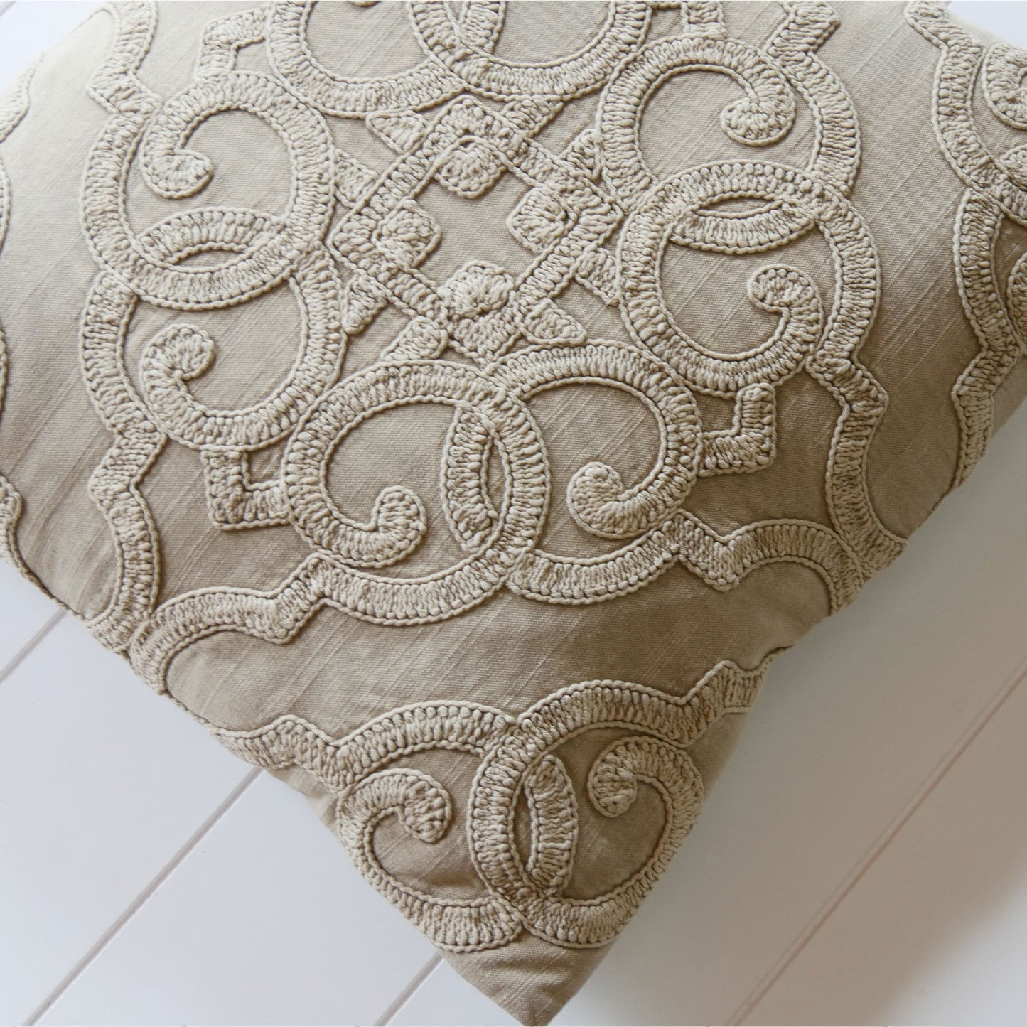Flax Beige Embroidered Pillow & Cover, Beige Embroidered Throw Pillow, Beige Embroidered Accent Pillow
