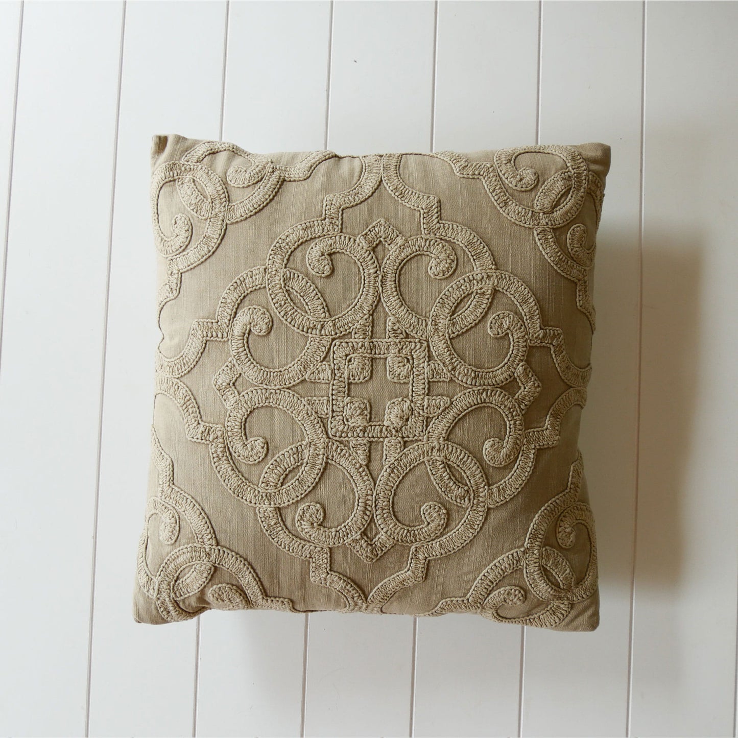 Flax Beige Embroidered Pillow & Cover, Beige Embroidered Throw Pillow, Beige Embroidered Accent Pillow