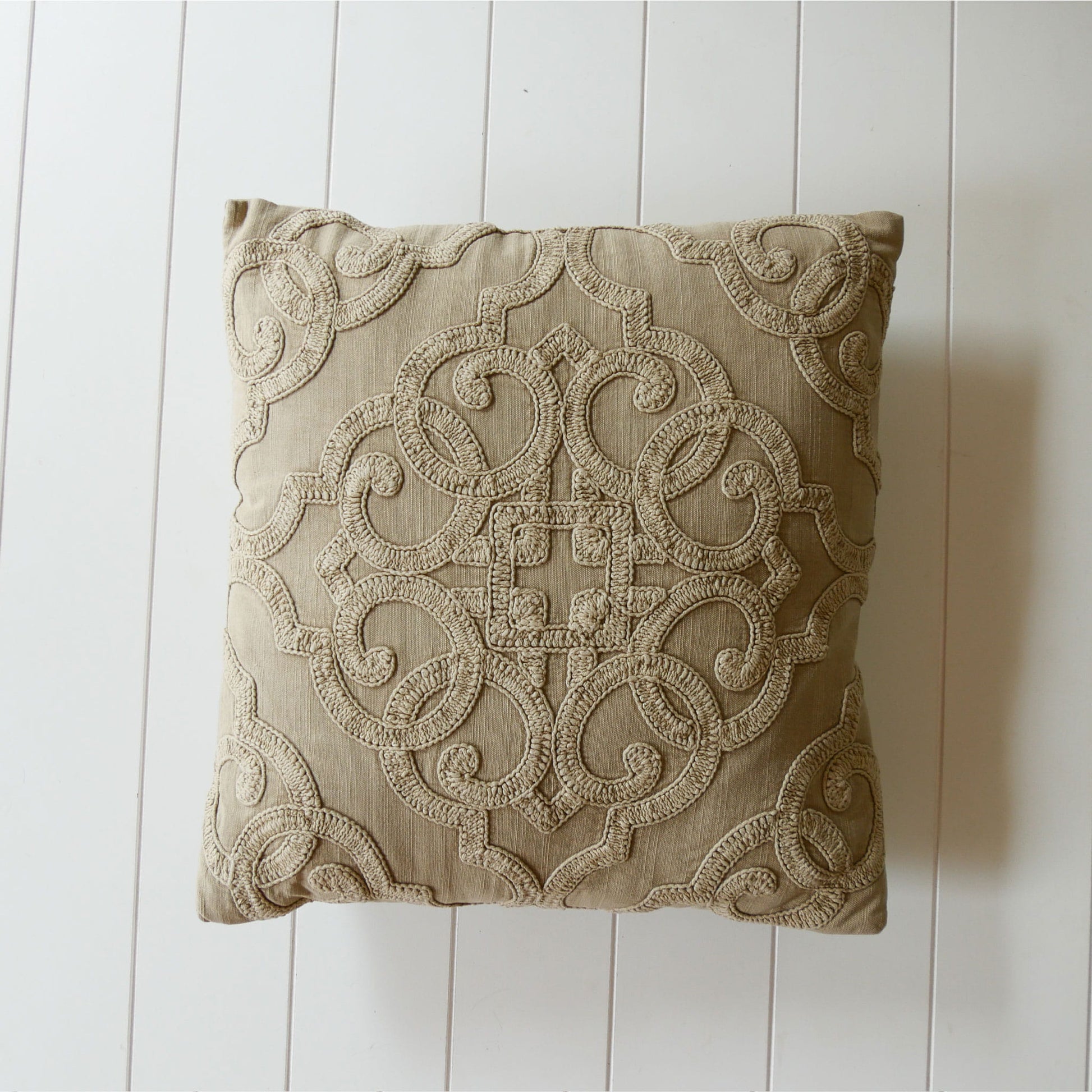 Flax Beige Embroidered Pillow & Cover, Beige Embroidered Throw Pillow, Beige Embroidered Accent Pillow