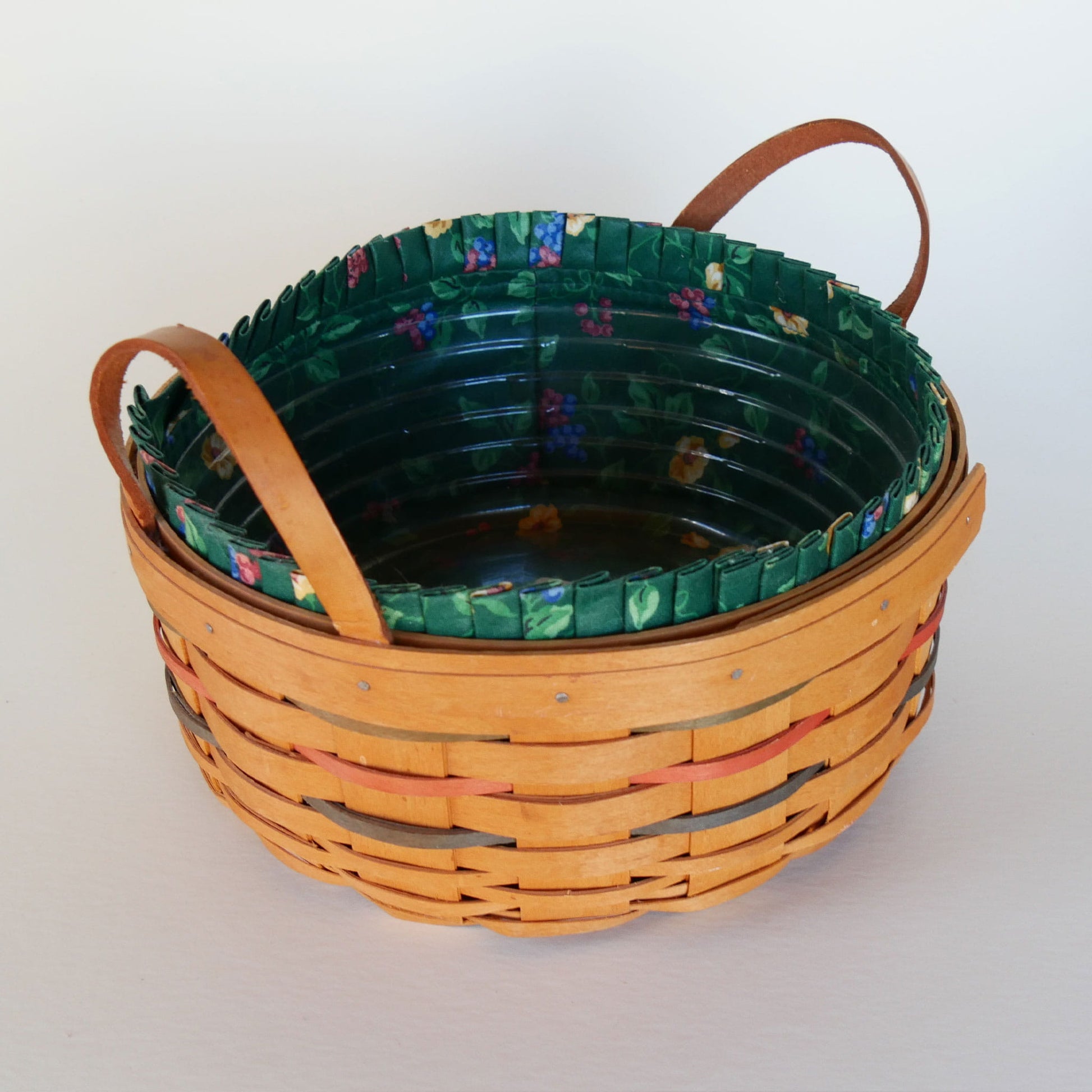10in Longaberger Darning Basket, Dark Green Floral Liner, Vintage Longaberber Darning Basket, Vintage Longaberger Round Floral LIned Basket, Vintage Longaberger