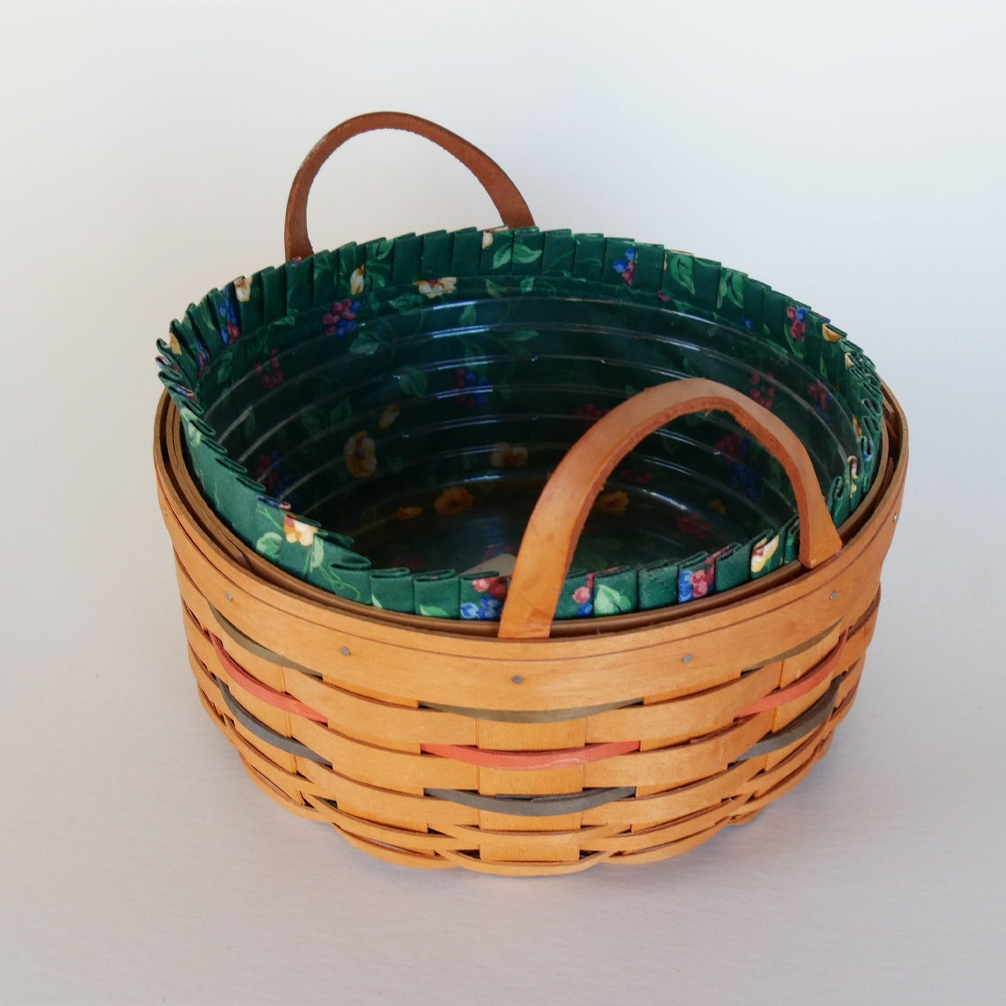10in Longaberger Darning Basket, Dark Green Floral Liner, Vintage Longaberber Darning Basket, Vintage Longaberger Round Floral LIned Basket, Vintage Longaberger