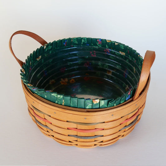 10in Longaberger Darning Basket, Dark Green Floral Liner, Vintage Longaberber Darning Basket, Vintage Longaberger Round Floral LIned Basket, Vintage Longaberger