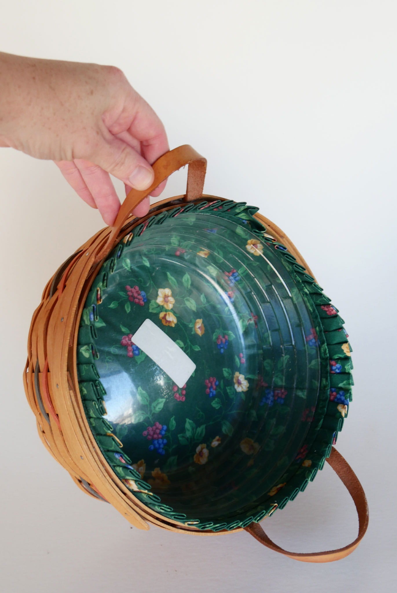 10in Longaberger Darning Basket, Dark Green Floral Liner, Vintage Longaberber Darning Basket, Vintage Longaberger Round Floral LIned Basket, Vintage Longaberger