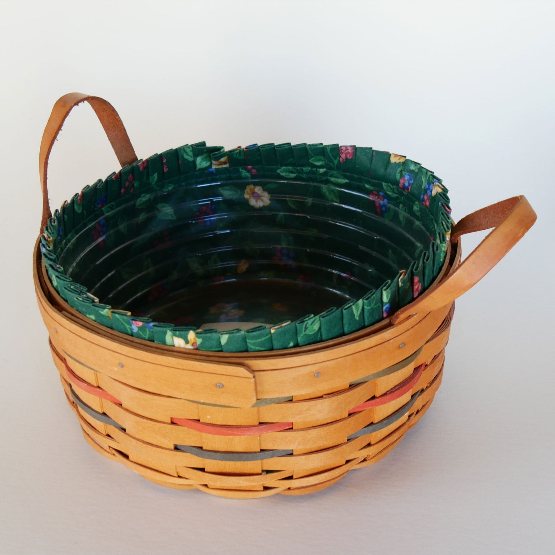 10in Longaberger Darning Basket, Dark Green Floral Liner, Vintage Longaberber Darning Basket, Vintage Longaberger Round Floral LIned Basket, Vintage Longaberger