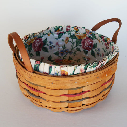 10in Longaberger Darning Basket, Light Floral Liner, Vintage Longaberber Darning Basket, Vintage Longaberger Round Floral LIned Basket, Vintage Longaberger
