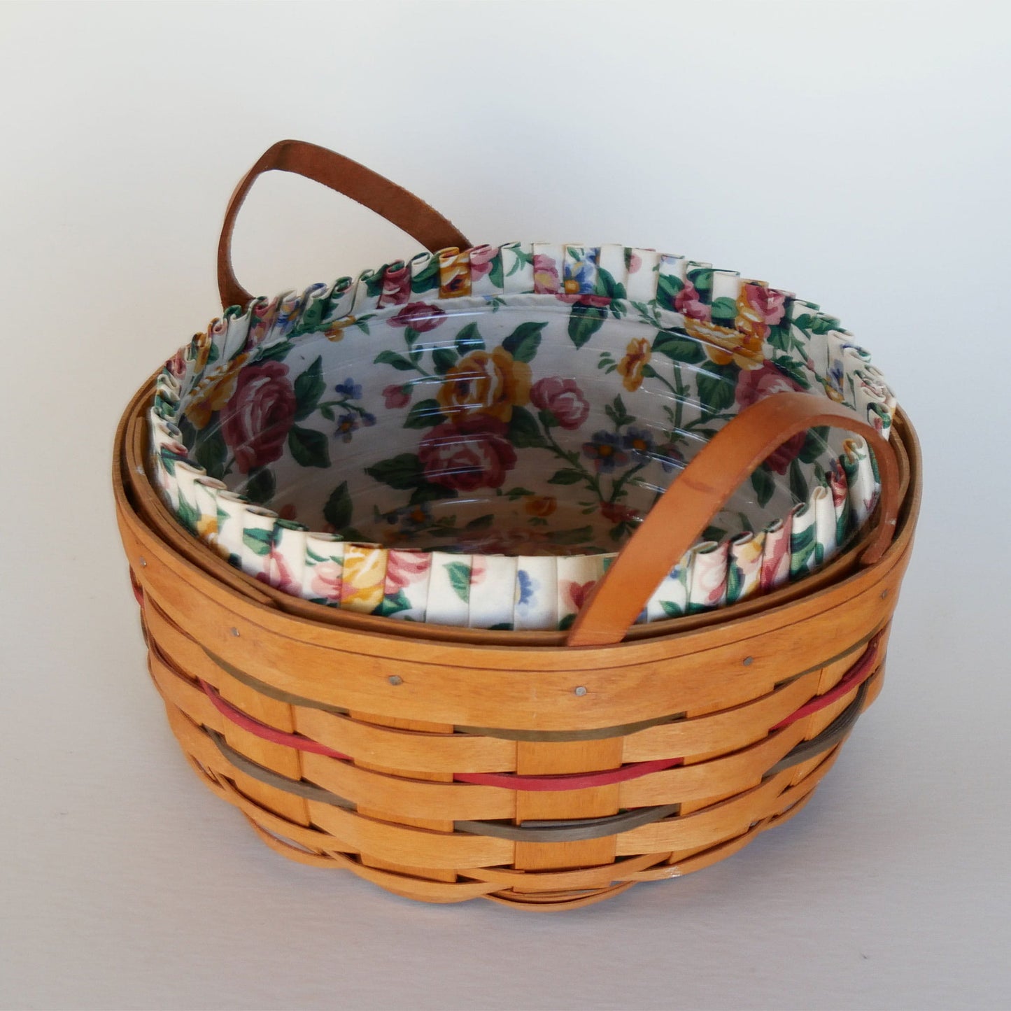 10in Longaberger Darning Basket, Light Floral Liner, Vintage Longaberber Darning Basket, Vintage Longaberger Round Floral LIned Basket, Vintage Longaberger