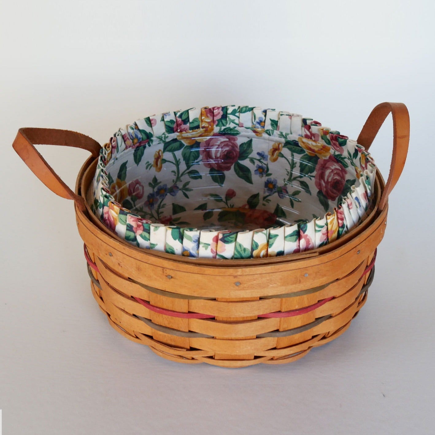 10in Longaberger Darning Basket, Light Floral Liner, Vintage Longaberber Darning Basket, Vintage Longaberger Round Floral LIned Basket, Vintage Longaberger