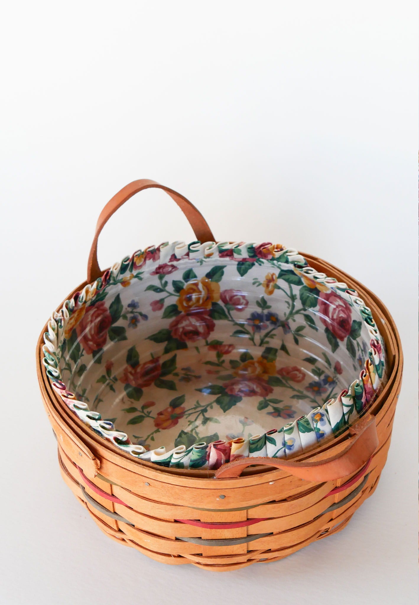 10in Longaberger Darning Basket, Light Floral Liner, Vintage Longaberber Darning Basket, Vintage Longaberger Round Floral LIned Basket, Vintage Longaberger