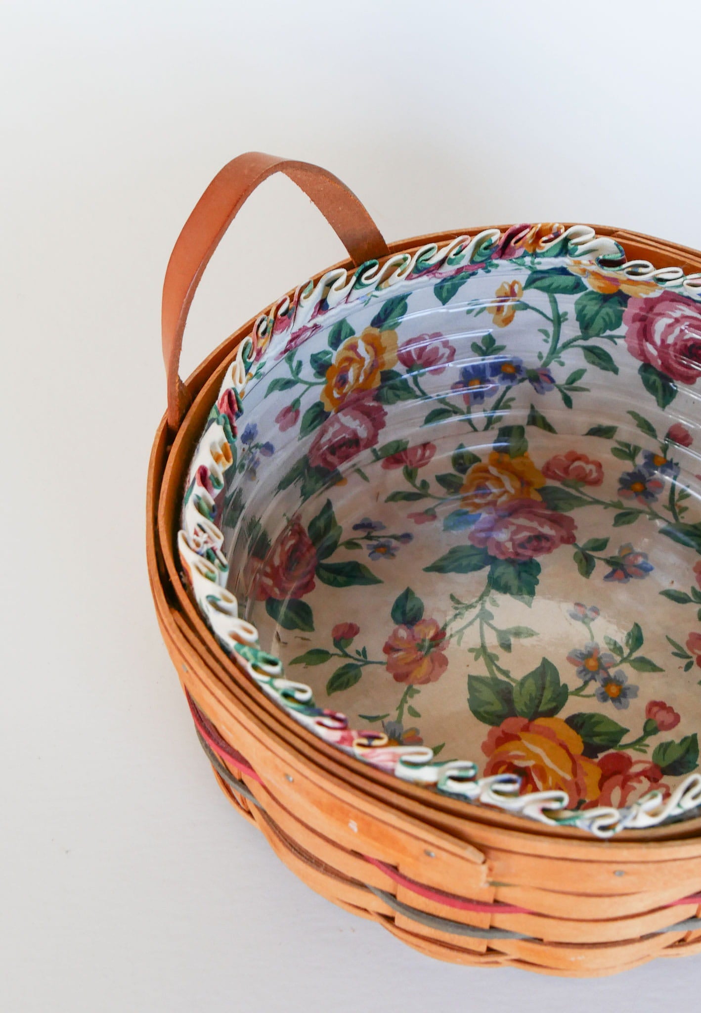 10in Longaberger Darning Basket, Light Floral Liner, Vintage Longaberber Darning Basket, Vintage Longaberger Round Floral LIned Basket, Vintage Longaberger