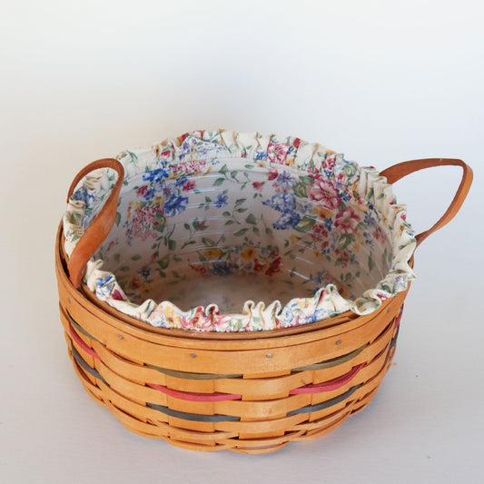 10in Longaberger Darning Basket, Light Floral Liner, Vintage Longaberber Darning Basket, Vintage Longaberger Round Floral LIned Basket, Vintage Longaberger
