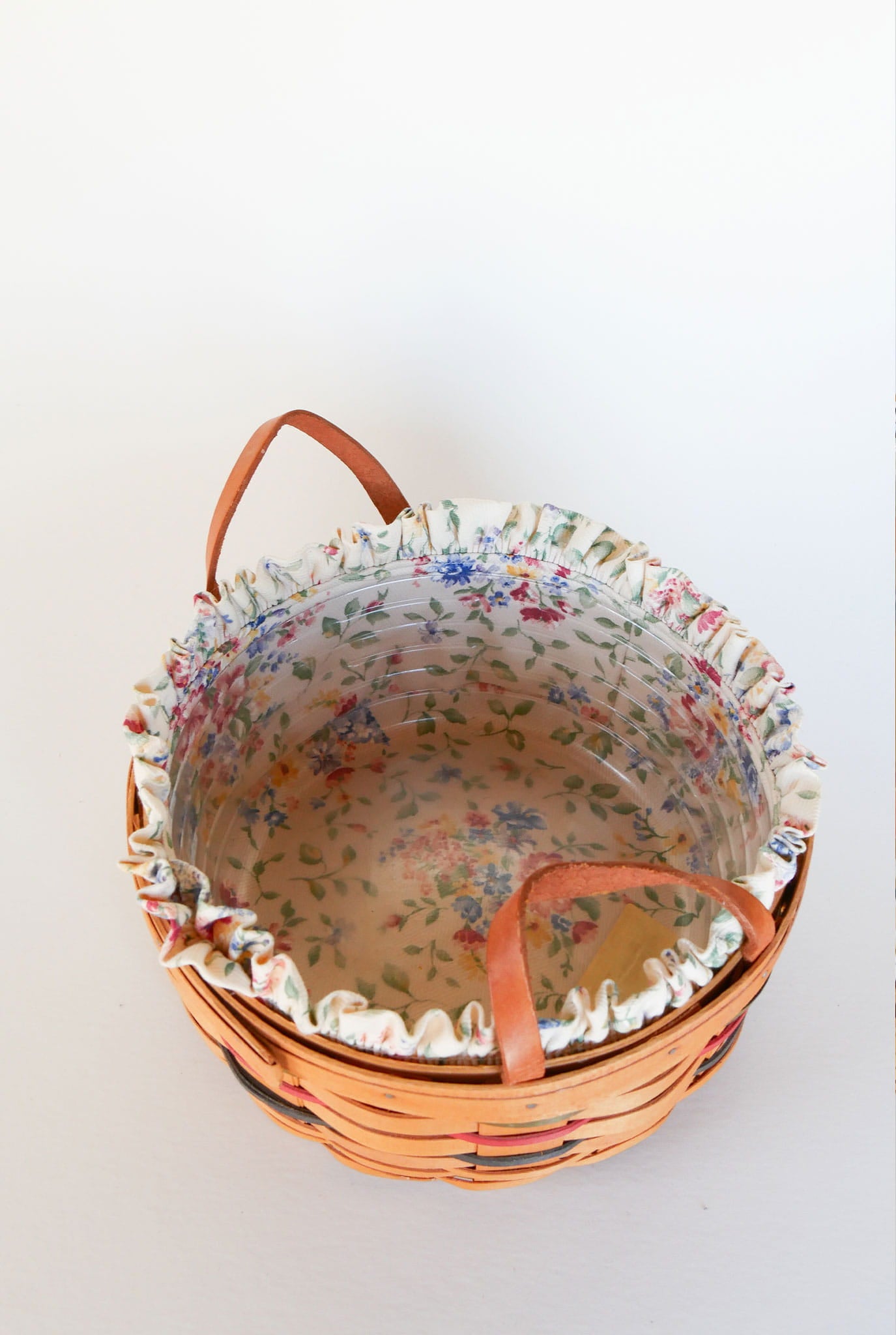 10in Longaberger Darning Basket, Light Floral Liner, Vintage Longaberber Darning Basket, Vintage Longaberger Round Floral LIned Basket, Vintage Longaberger