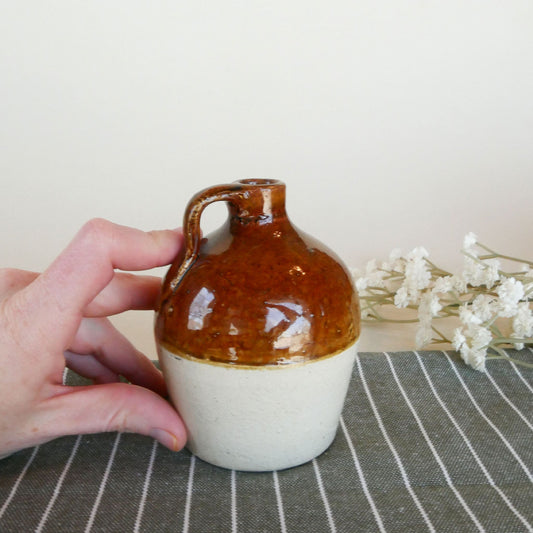 Mini 4in Light Brown and Tan Handle Crock, Vintage Crocks, Two Two Crocks, Mini Crocks